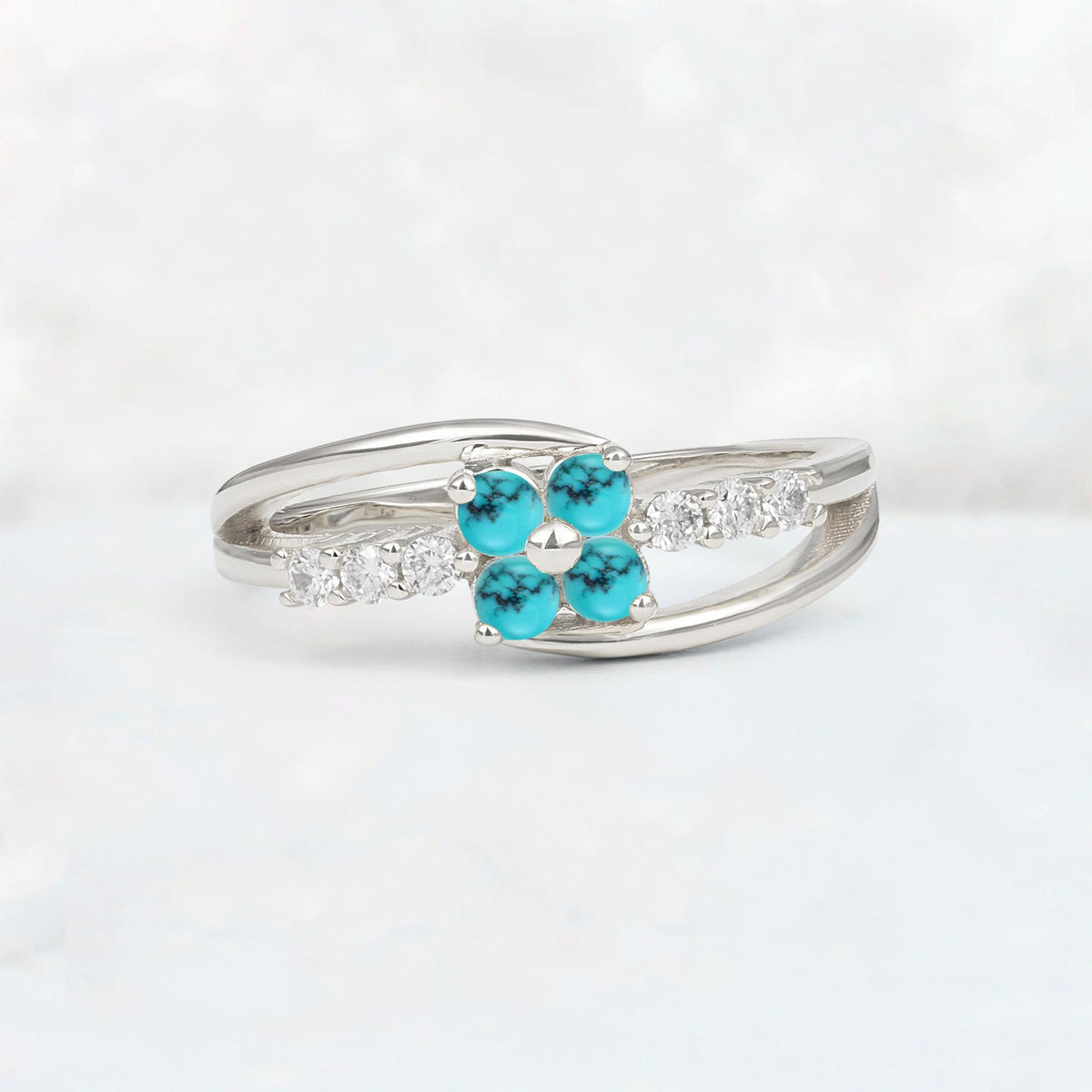 Turquoise Floral Cluster Round Cut Engagement Ring with Accent Stones - Additional view