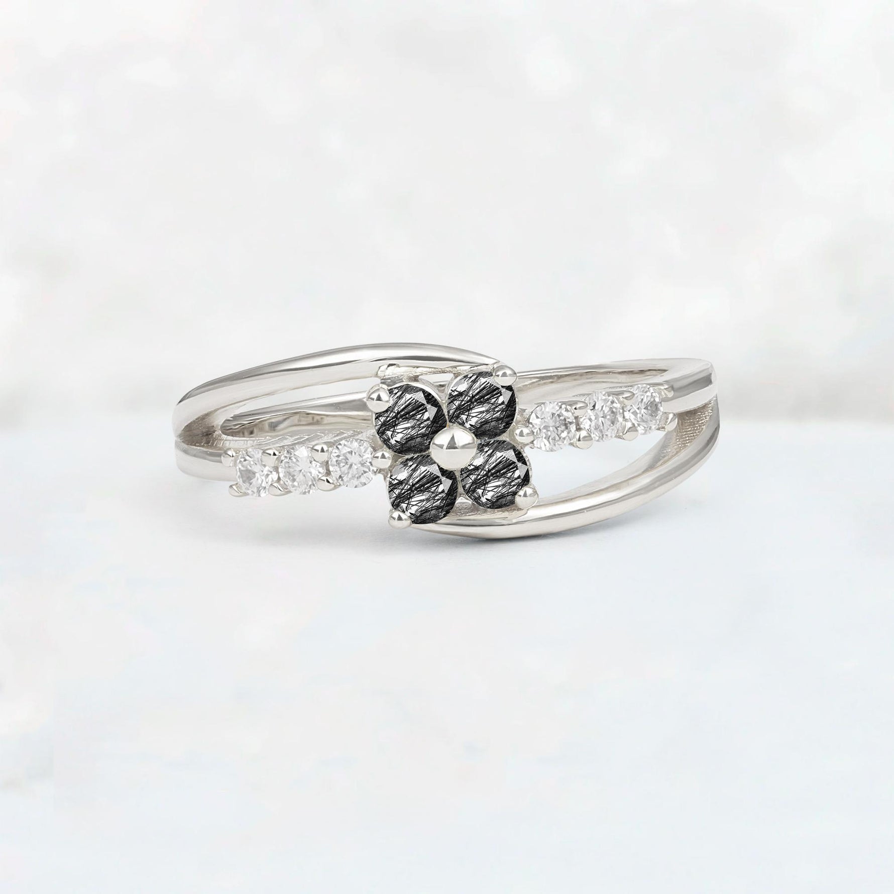 Black Rutilated Quartz Floral Cluster Round Cut Engagement Ring with Accent Stones - Additional view