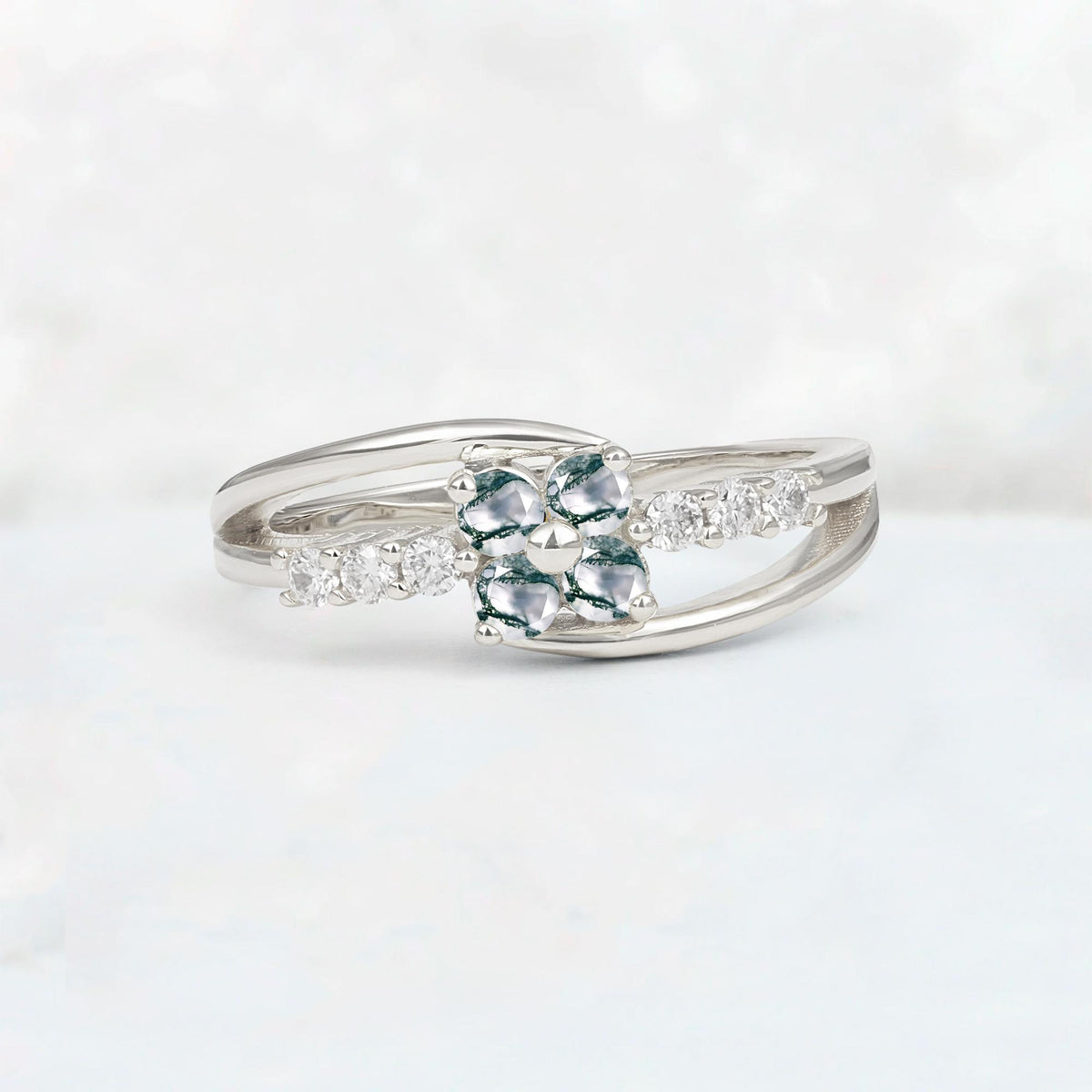 Moss Agate Floral Cluster Round Cut Engagement Ring with Accent Stones - Additional view