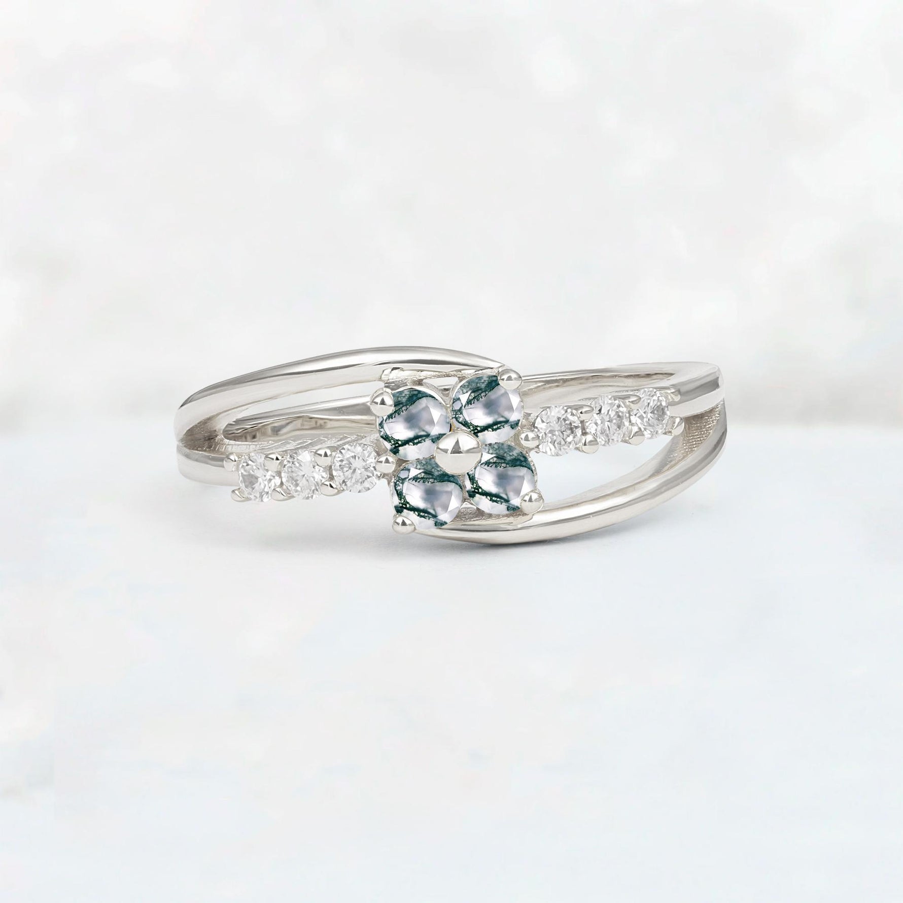 Moss Agate Floral Cluster Round Cut Engagement Ring with Accent Stones - Additional view