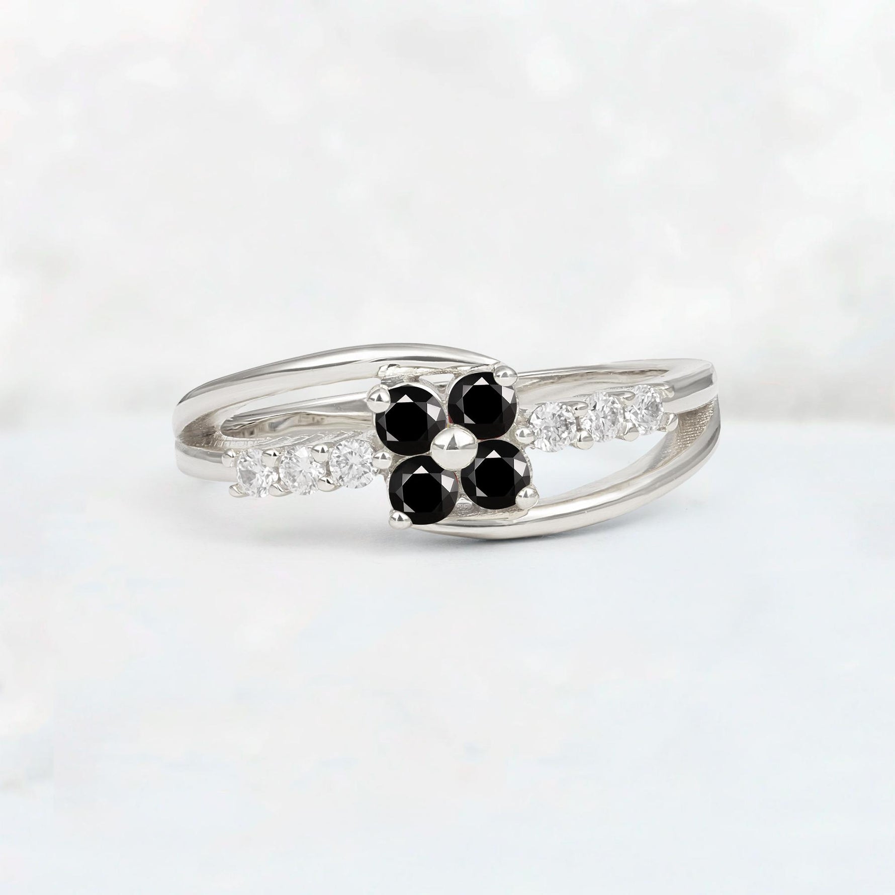 Black Onyx Floral Cluster Round Cut Engagement Ring with Accent Stones - Additional view