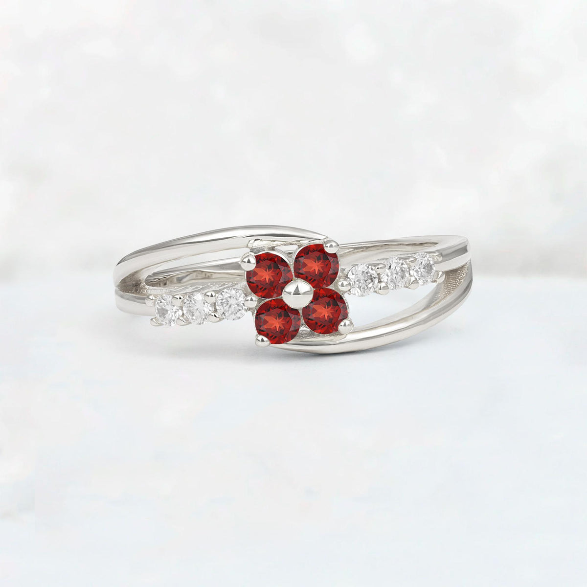 Garnet Floral Cluster Round Cut Engagement Ring with Accent Stones - Additional view