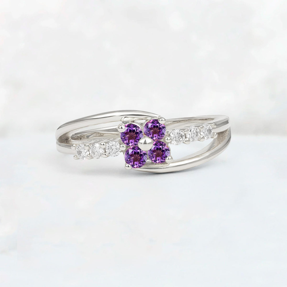 Amethyst Floral Cluster Round Cut Engagement Ring with Accent Stones - Additional view