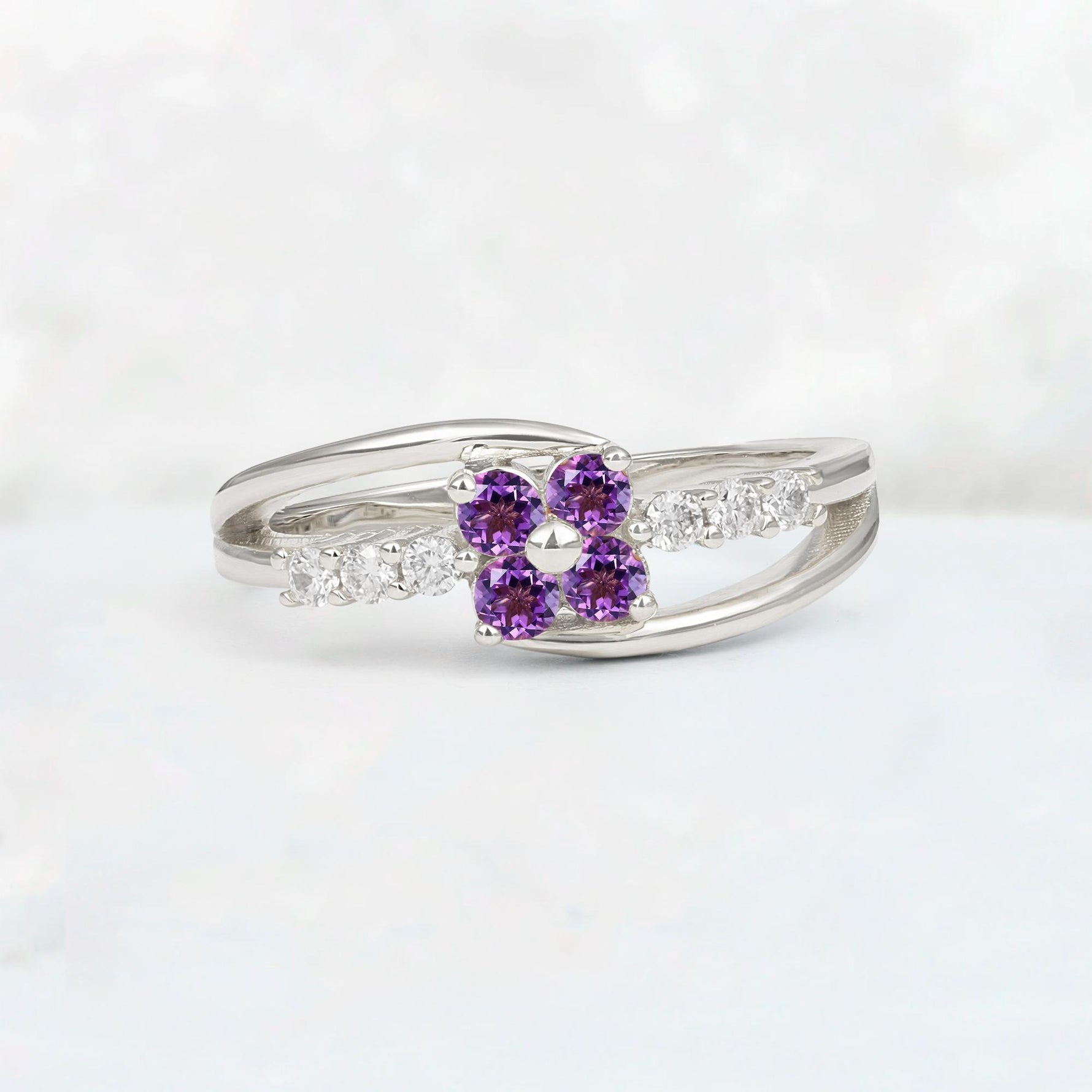Amethyst Floral Cluster Round Cut Engagement Ring with Accent Stones - Additional view