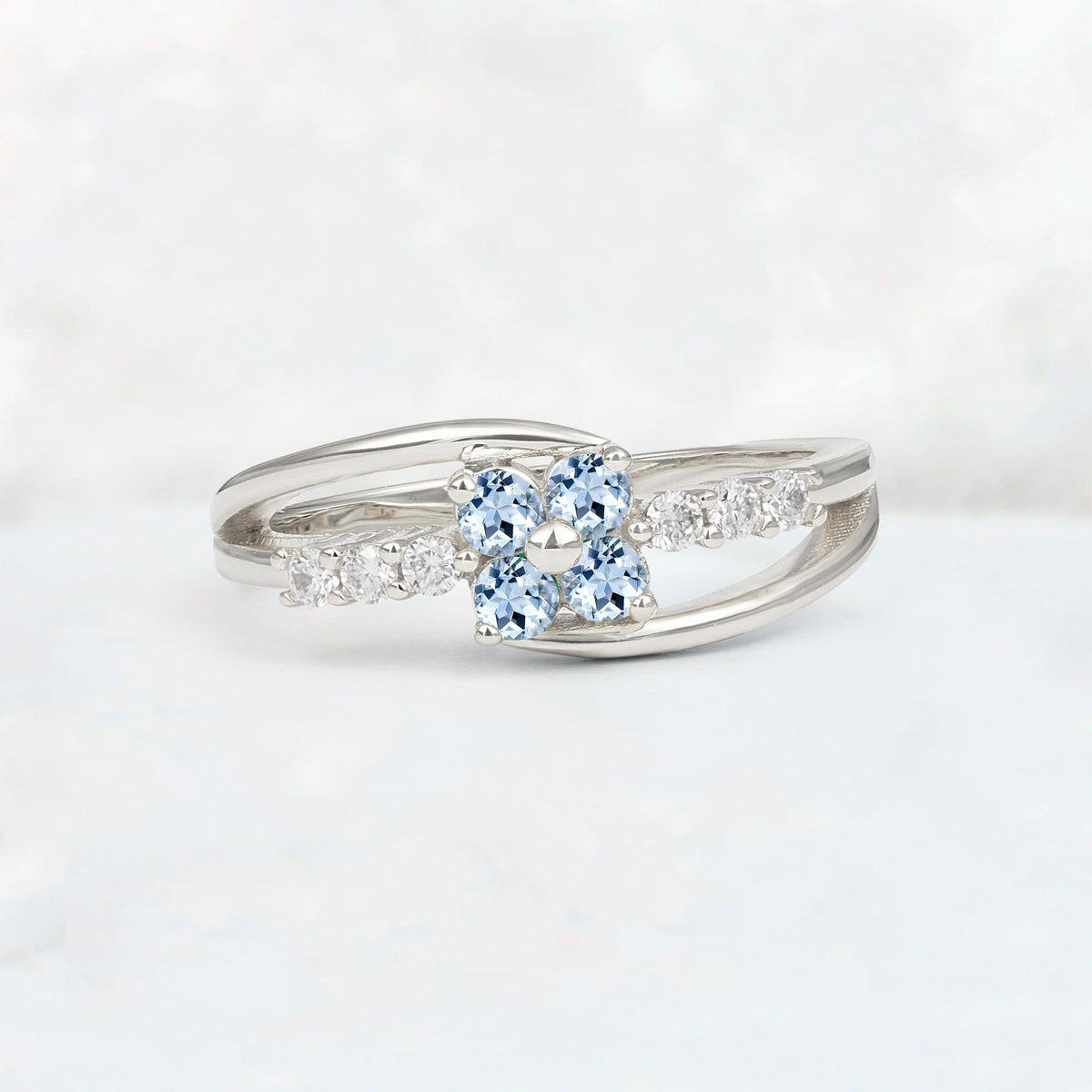 Aquamarine Floral Cluster Round Cut Engagement Ring with Accent Stones - Additional view