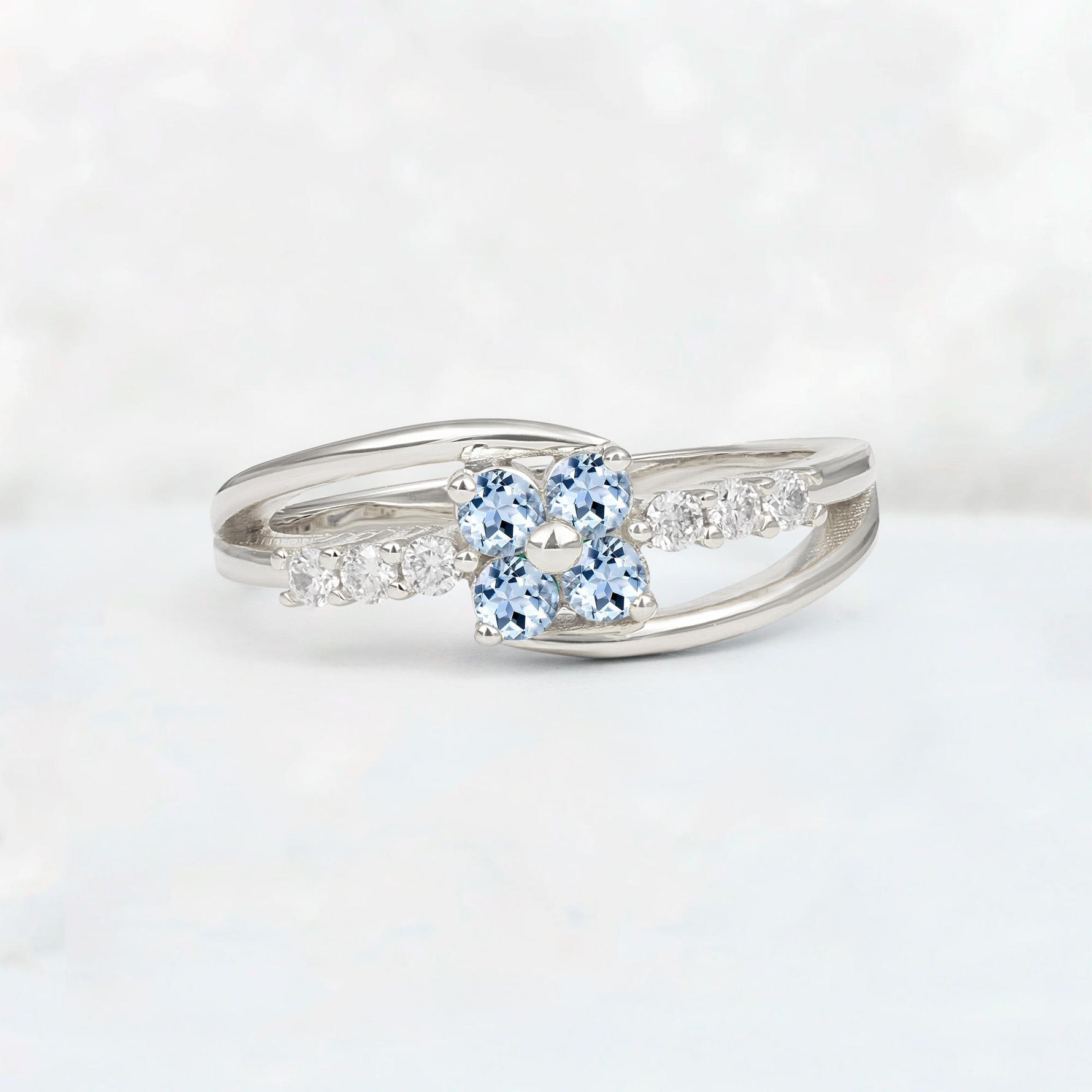 Aquamarine Floral Cluster Round Cut Engagement Ring with Accent Stones - Additional view