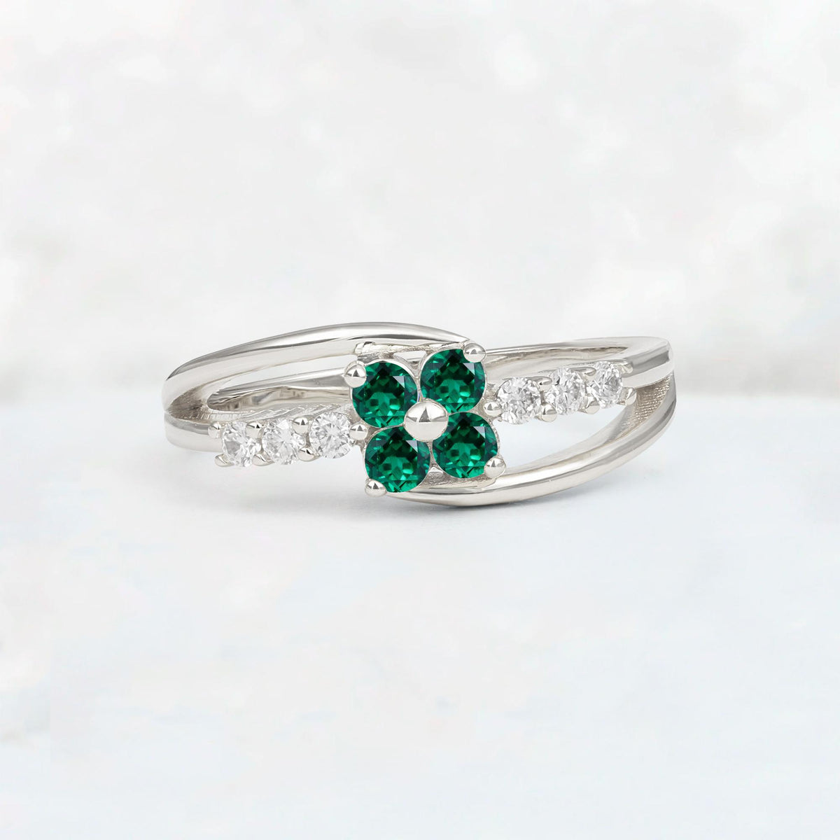 Emerald Floral Cluster Round Cut Engagement Ring with Accent Stones - Additional view