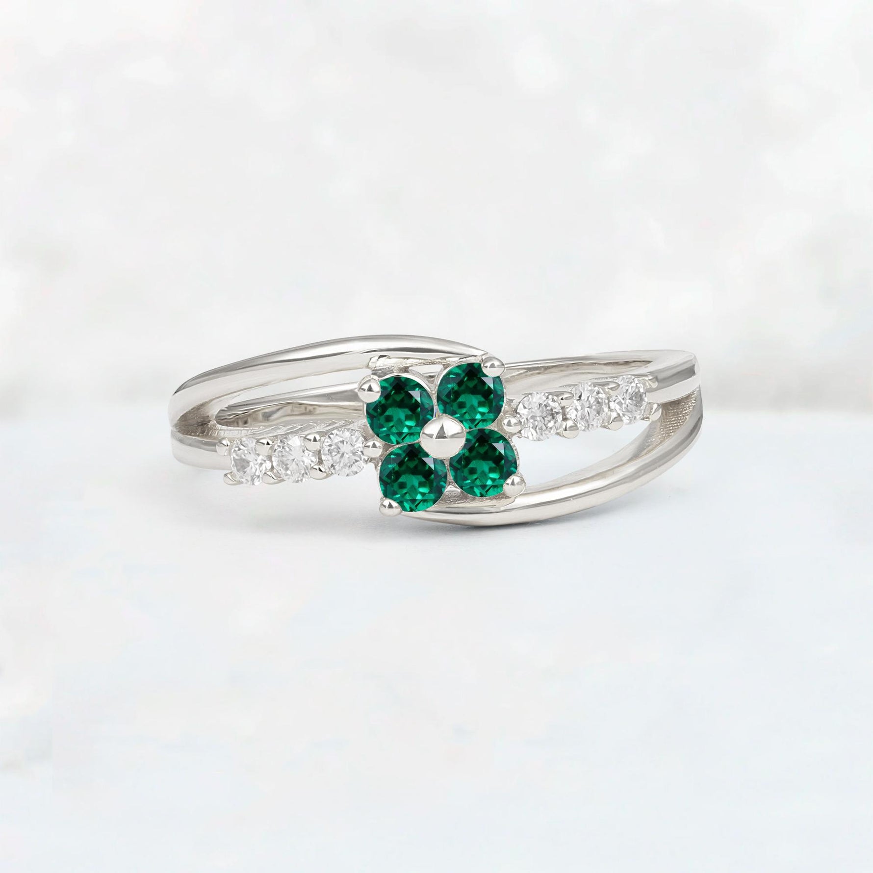 Emerald Floral Cluster Round Cut Engagement Ring with Accent Stones - Additional view