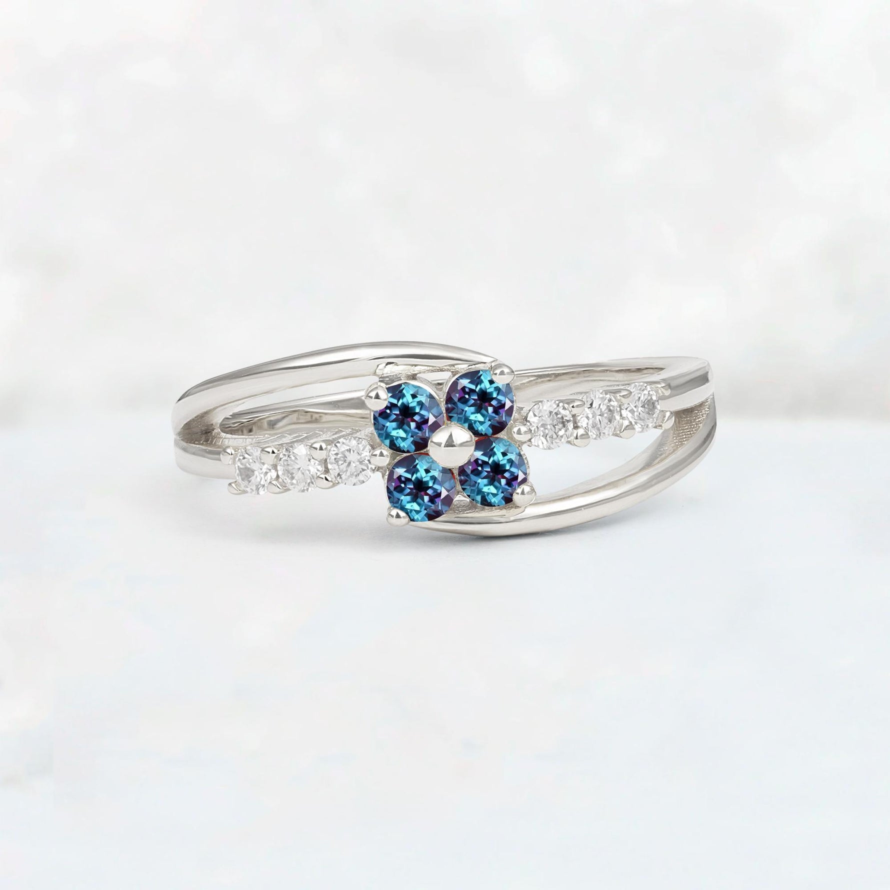 Alexandrite Floral Cluster Round Cut Engagement Ring with Accent Stones - Additional view