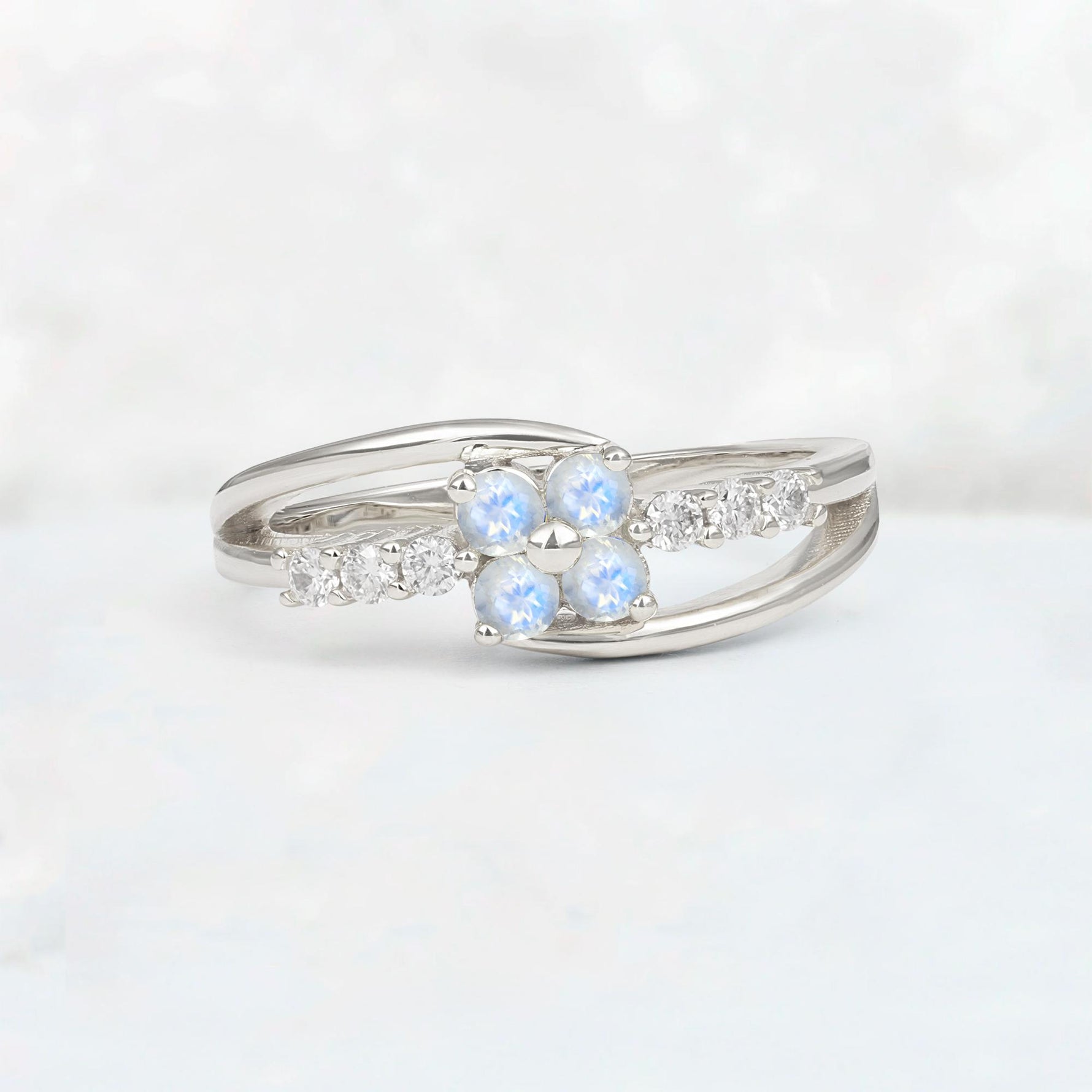 Moonstone Floral Cluster Round Cut Engagement Ring with Accent Stones - Additional view