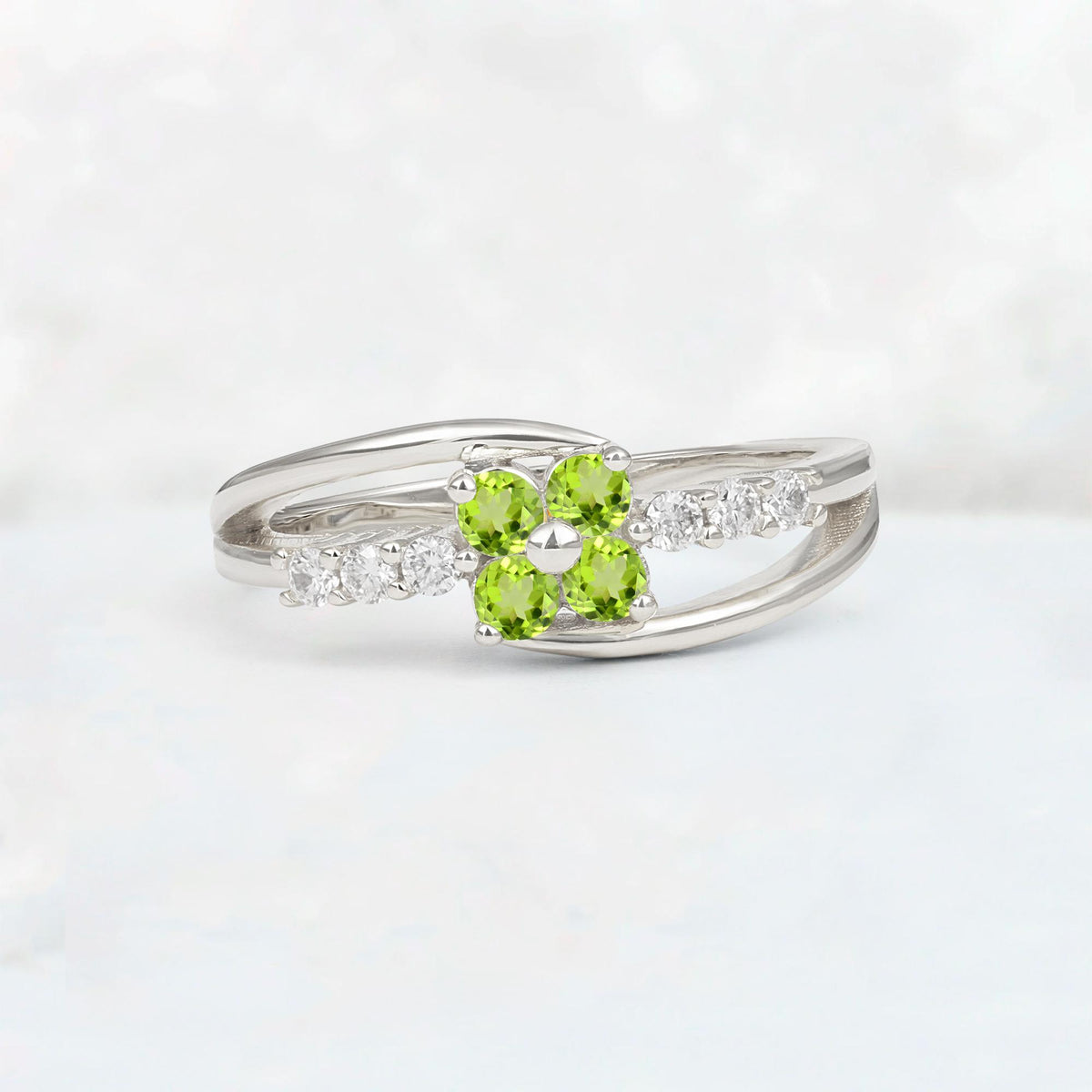 Peridot Floral Cluster Round Cut Engagement Ring with Accent Stones - Additional view