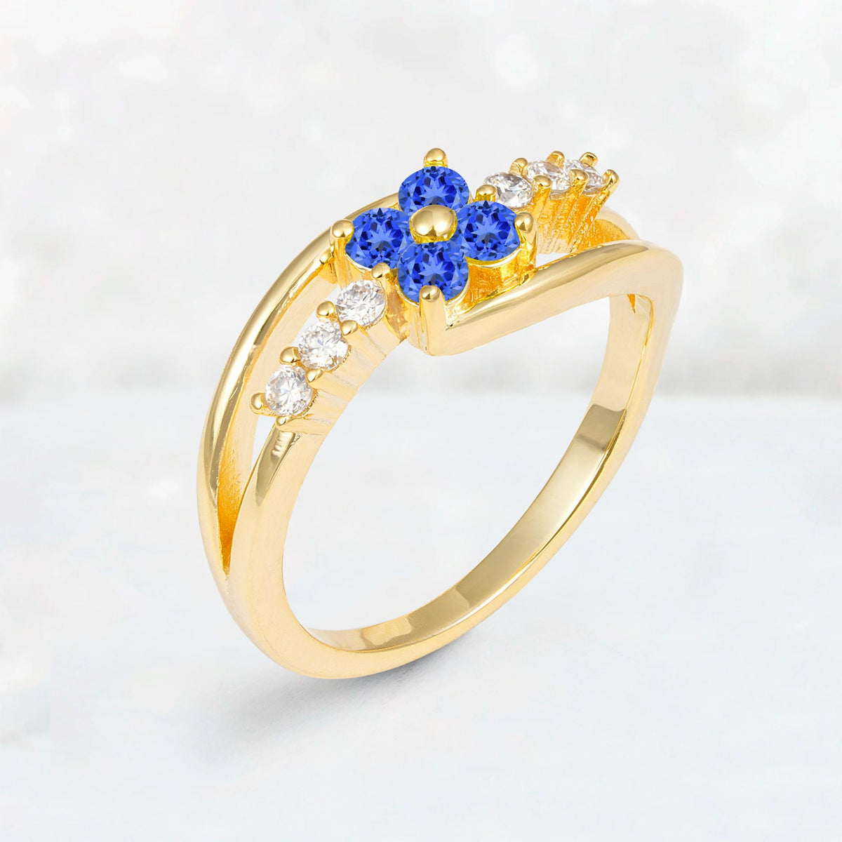 Sapphire Floral Cluster Round Cut Engagement Ring with Accent Stones - Additional view