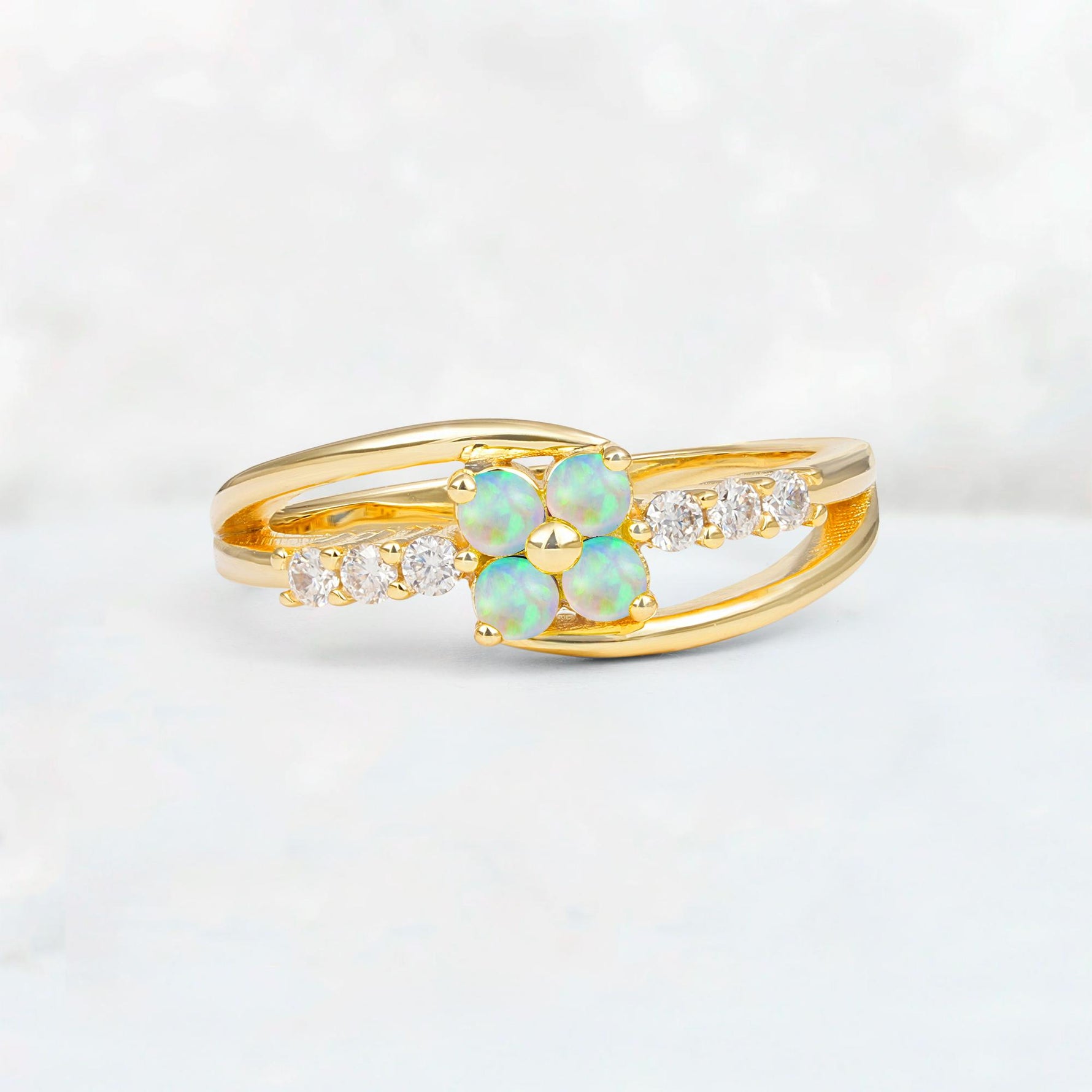 Fire Opal Floral Cluster Round Cut Engagement Ring with Accent Stones - Additional view