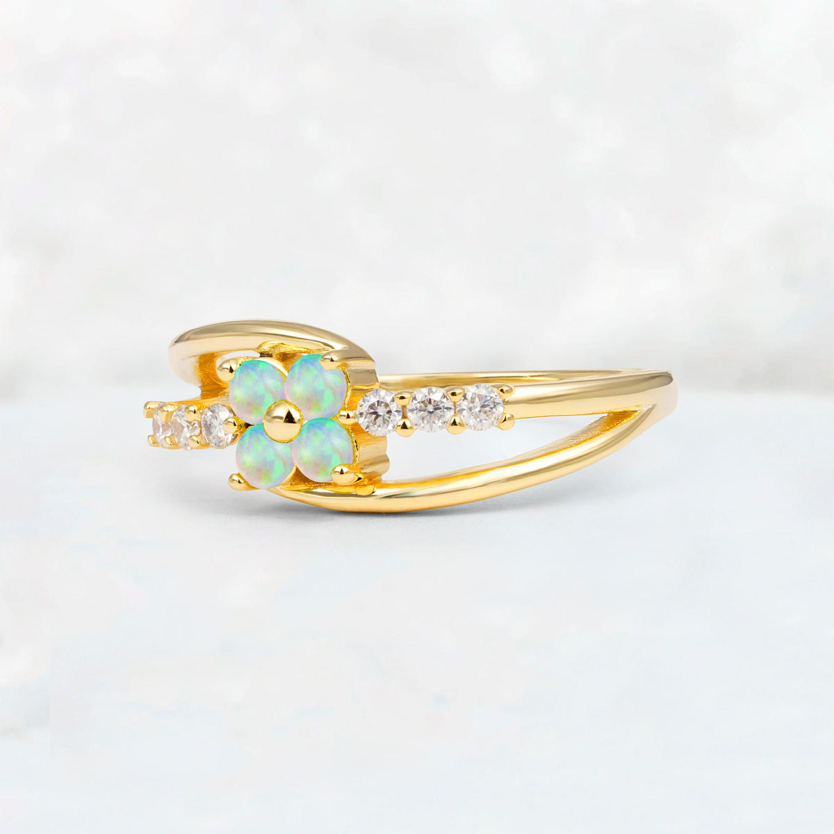 Fire Opal Floral Cluster Round Cut Engagement Ring with Accent Stones - Additional view