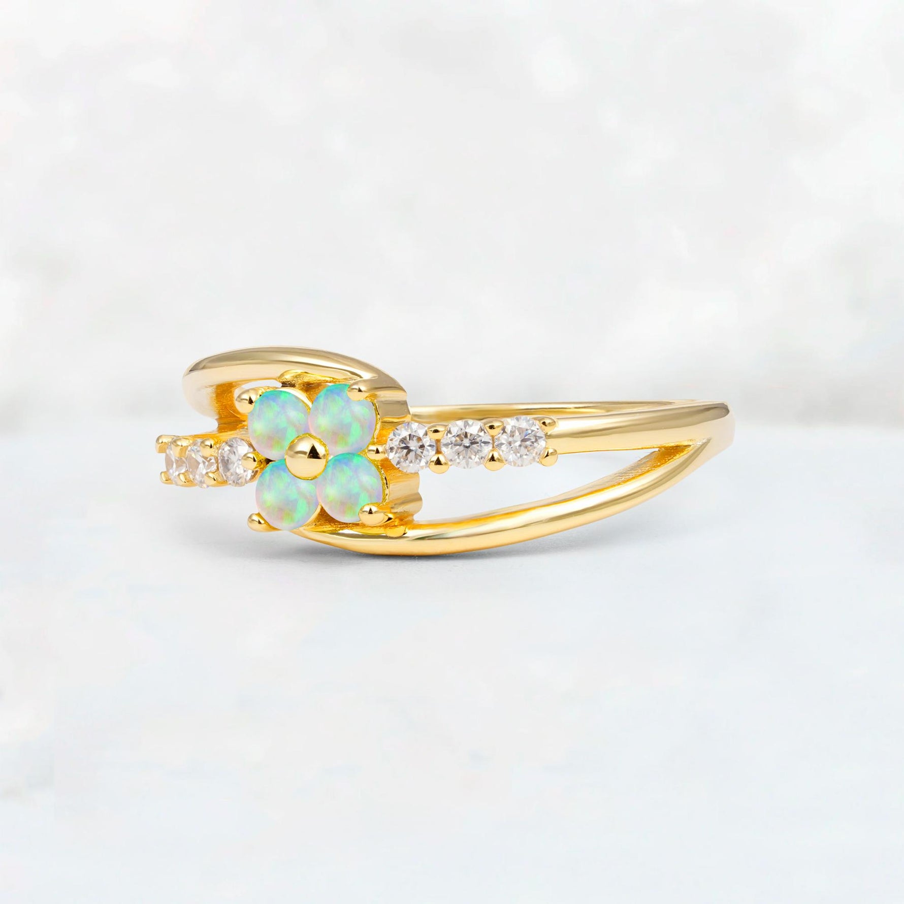 Fire Opal Floral Cluster Round Cut Engagement Ring with Accent Stones - Additional view