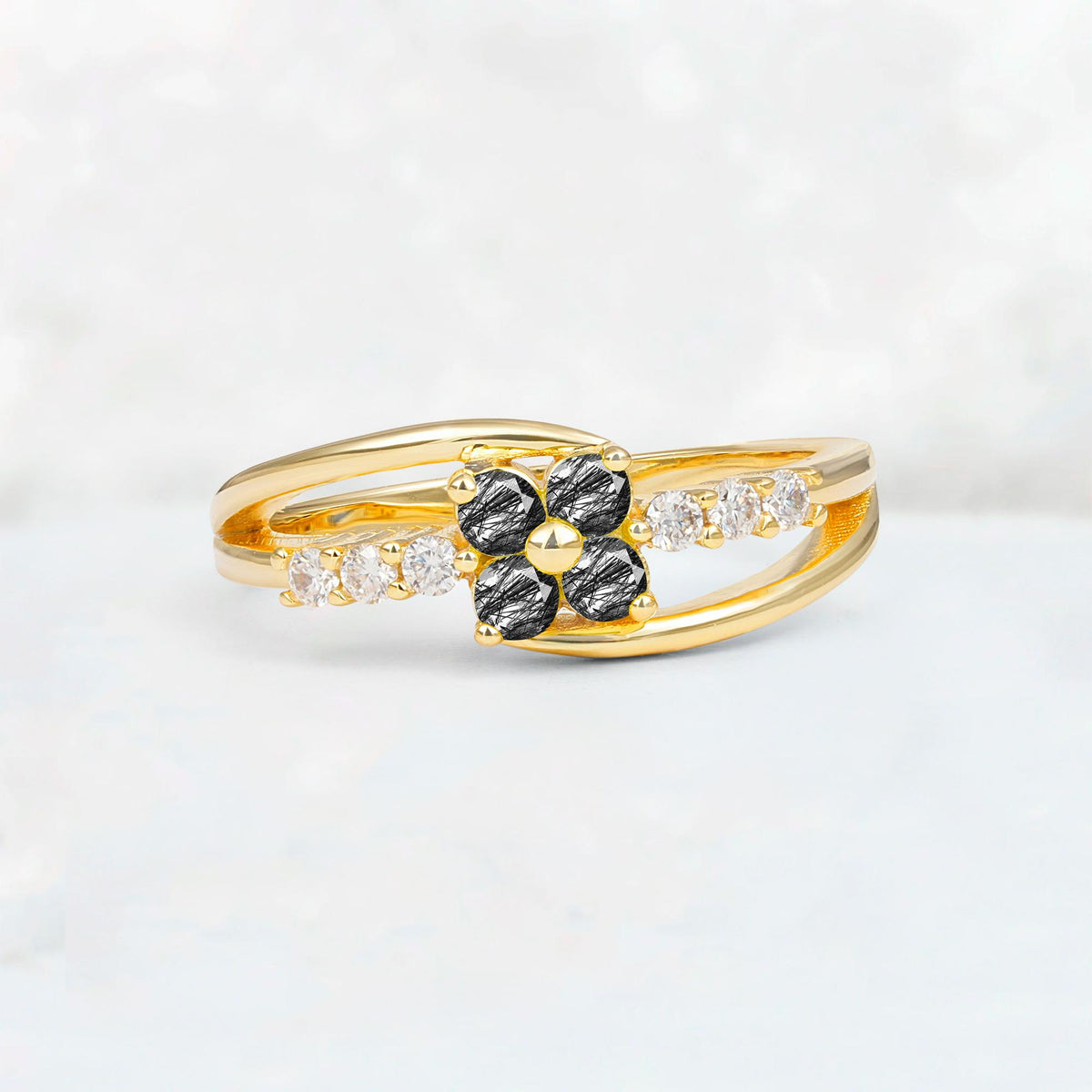 Black Rutilated Quartz Floral Cluster Round Cut Engagement Ring with Accent Stones - Additional view