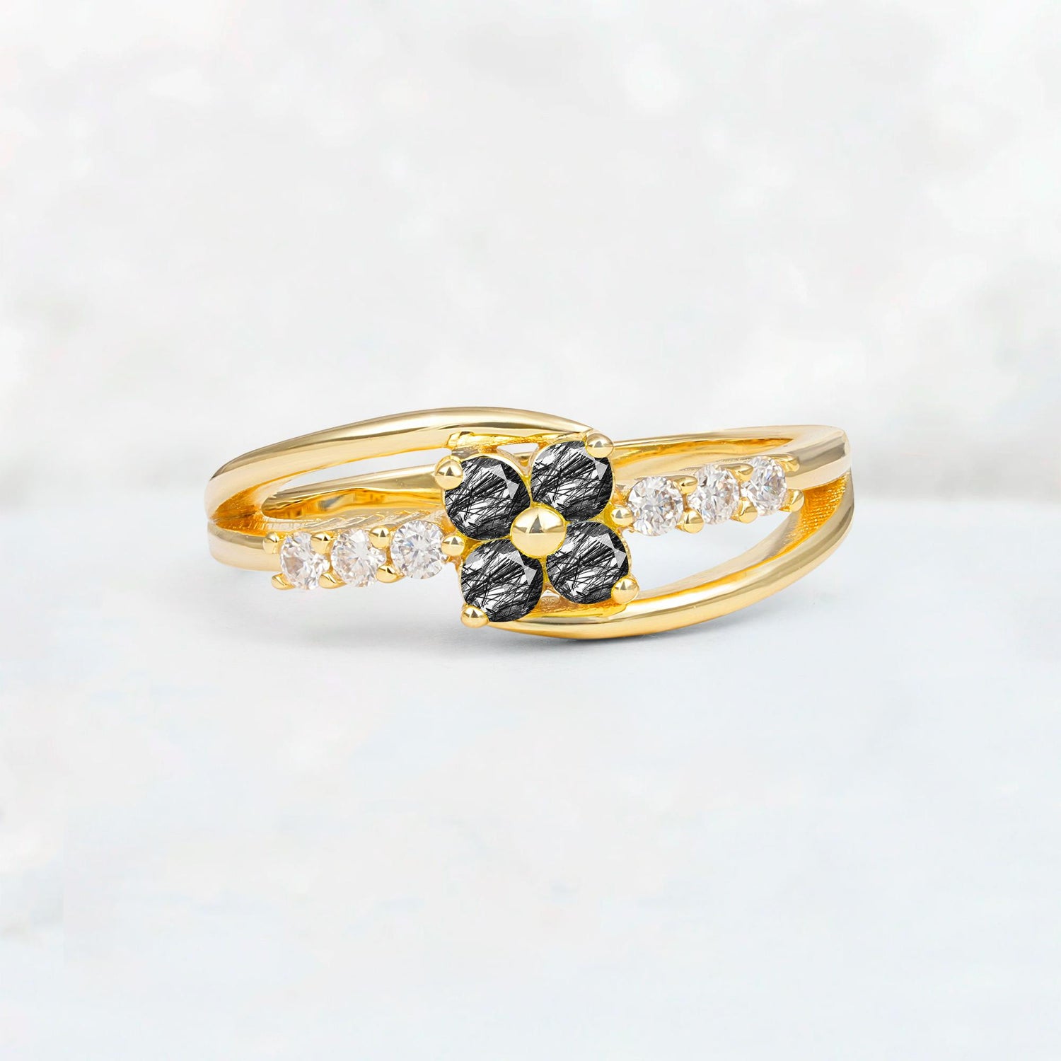 Black Rutilated Quartz Floral Cluster Round Cut Engagement Ring with Accent Stones - Additional view