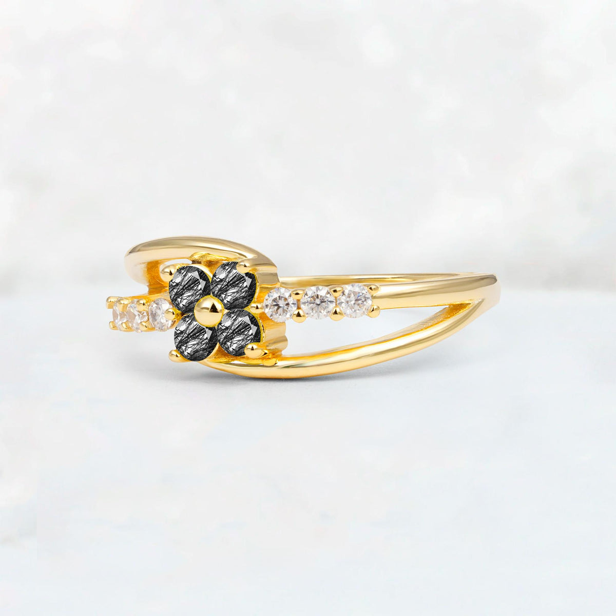Black Rutilated Quartz Floral Cluster Round Cut Engagement Ring with Accent Stones - Additional view
