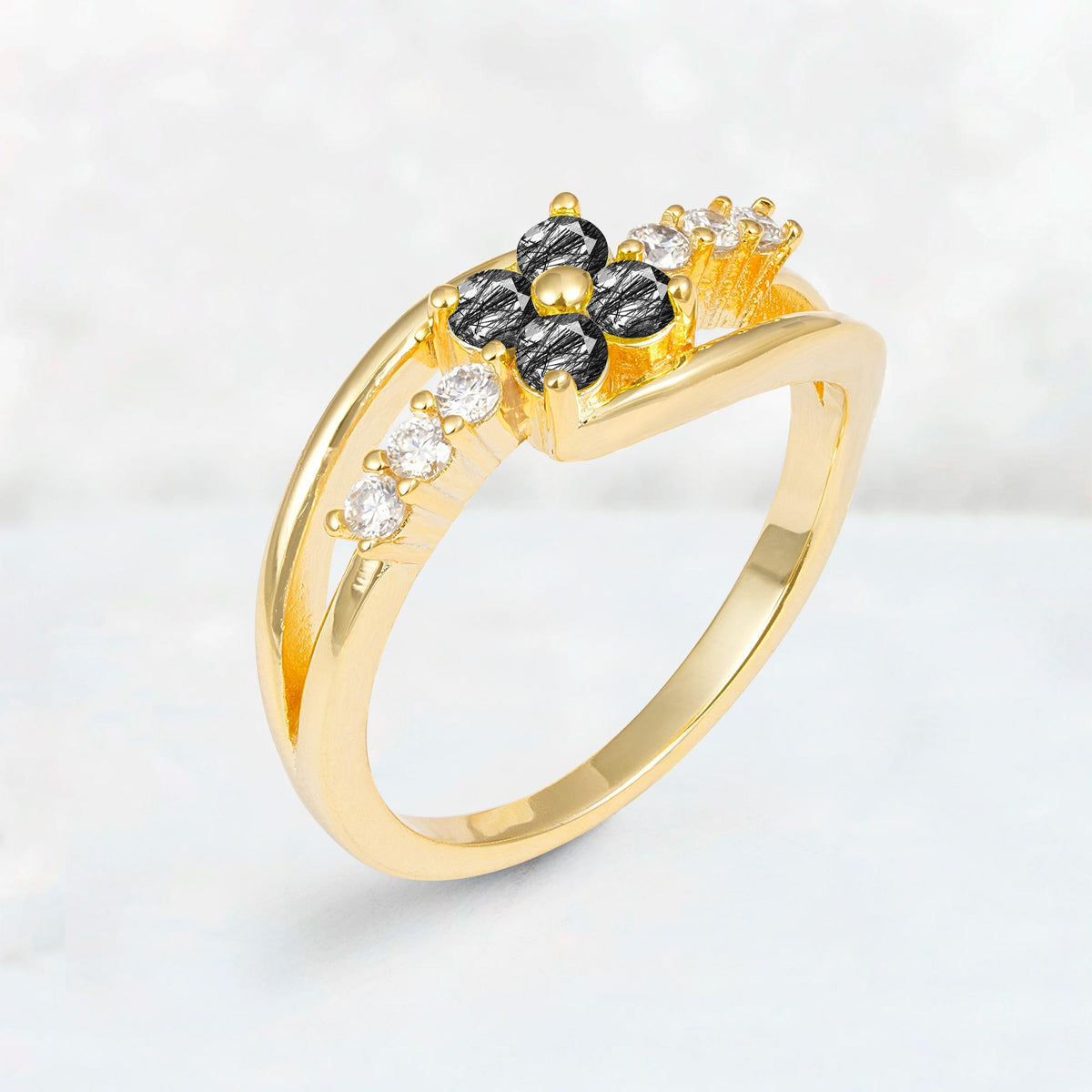 Black Rutilated Quartz Floral Cluster Round Cut Engagement Ring with Accent Stones - Additional view