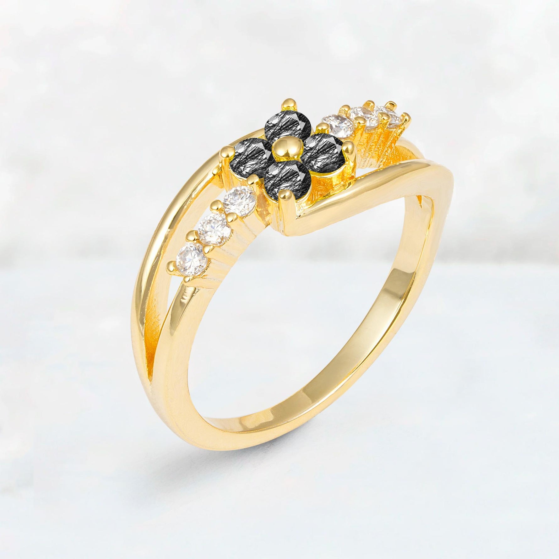 Black Rutilated Quartz Floral Cluster Round Cut Engagement Ring with Accent Stones - Additional view