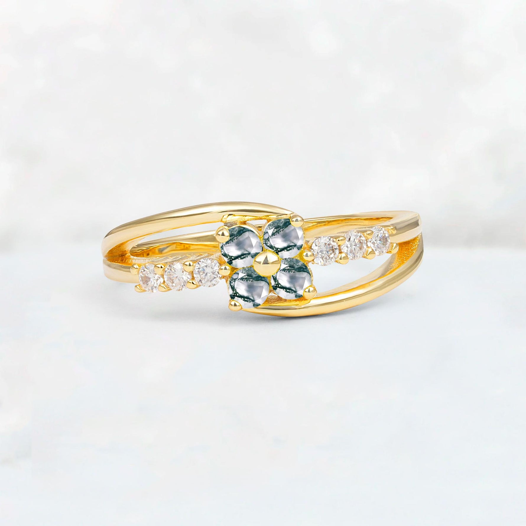 Moss Agate Floral Cluster Round Cut Engagement Ring with Accent Stones - Additional view