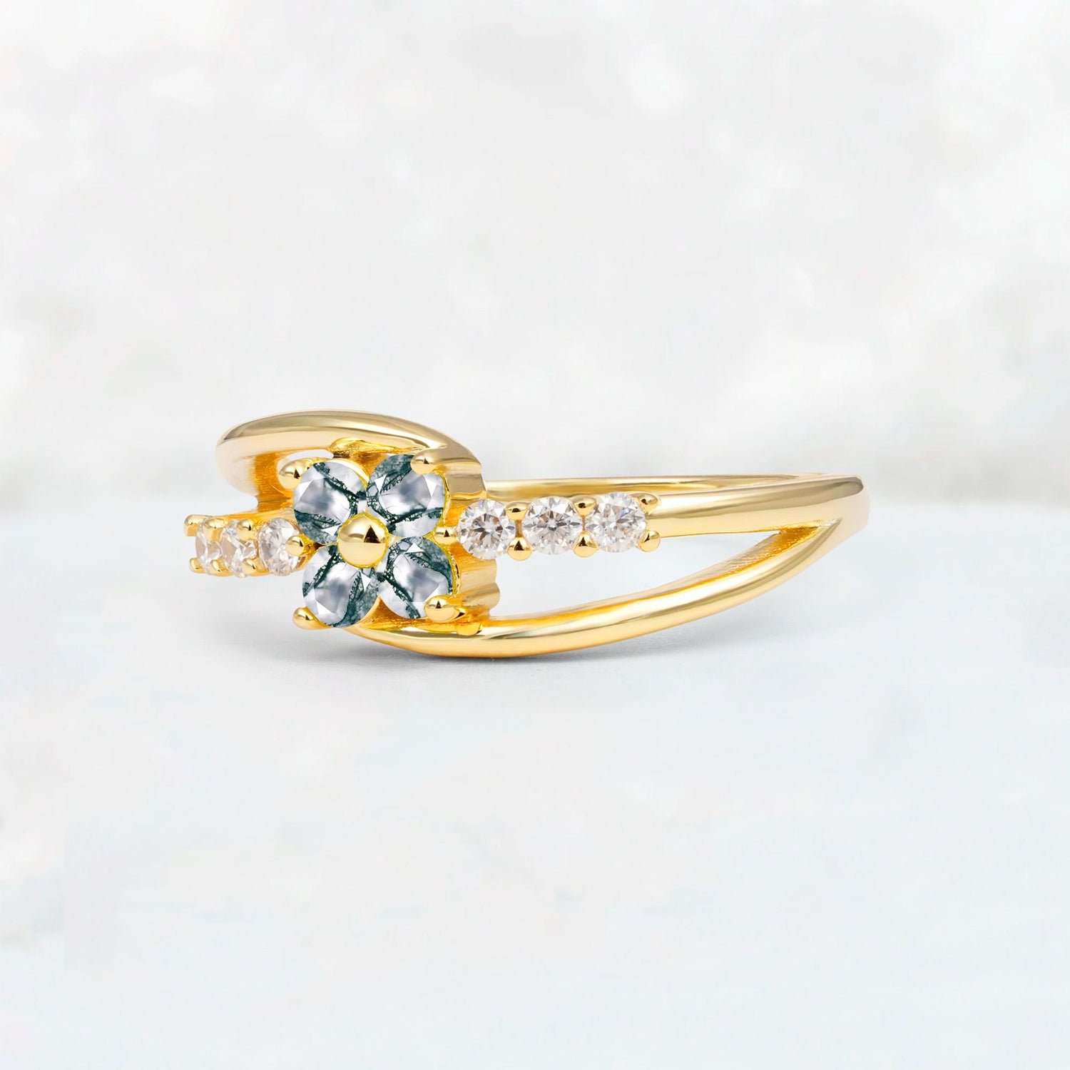 Moss Agate Floral Cluster Round Cut Engagement Ring with Accent Stones - Additional view