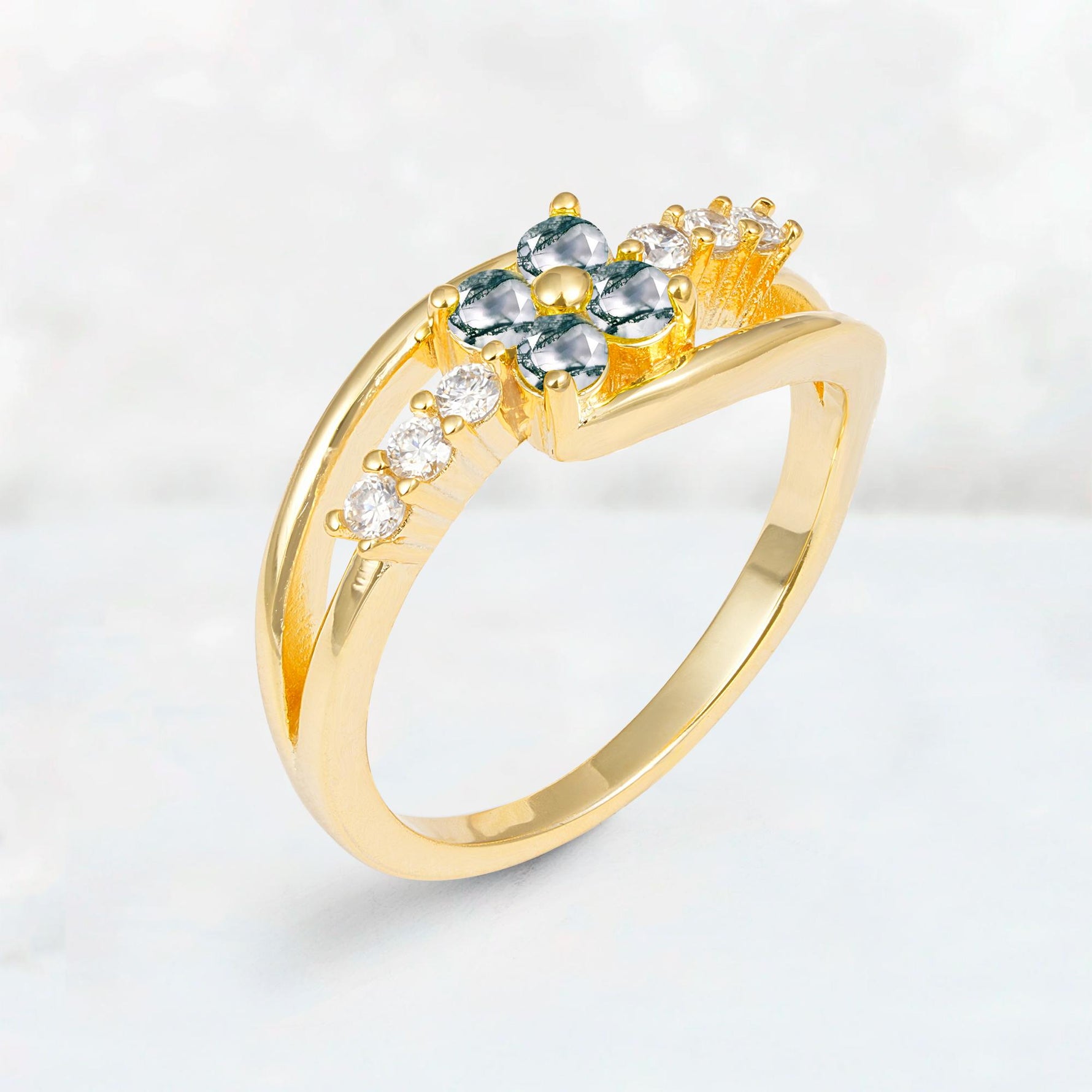 Moss Agate Floral Cluster Round Cut Engagement Ring with Accent Stones - Additional view