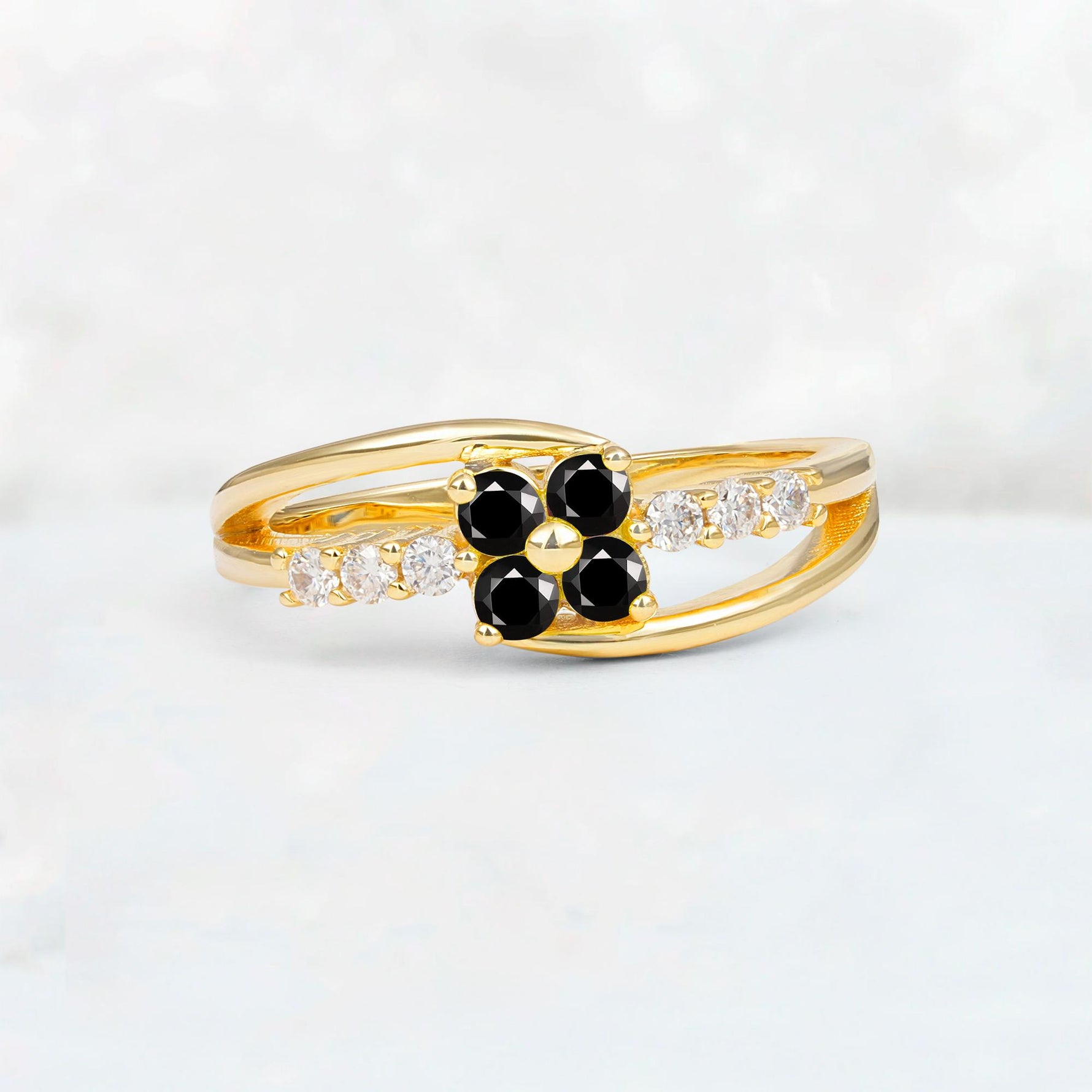 Black Onyx Floral Cluster Round Cut Engagement Ring with Accent Stones - Additional view