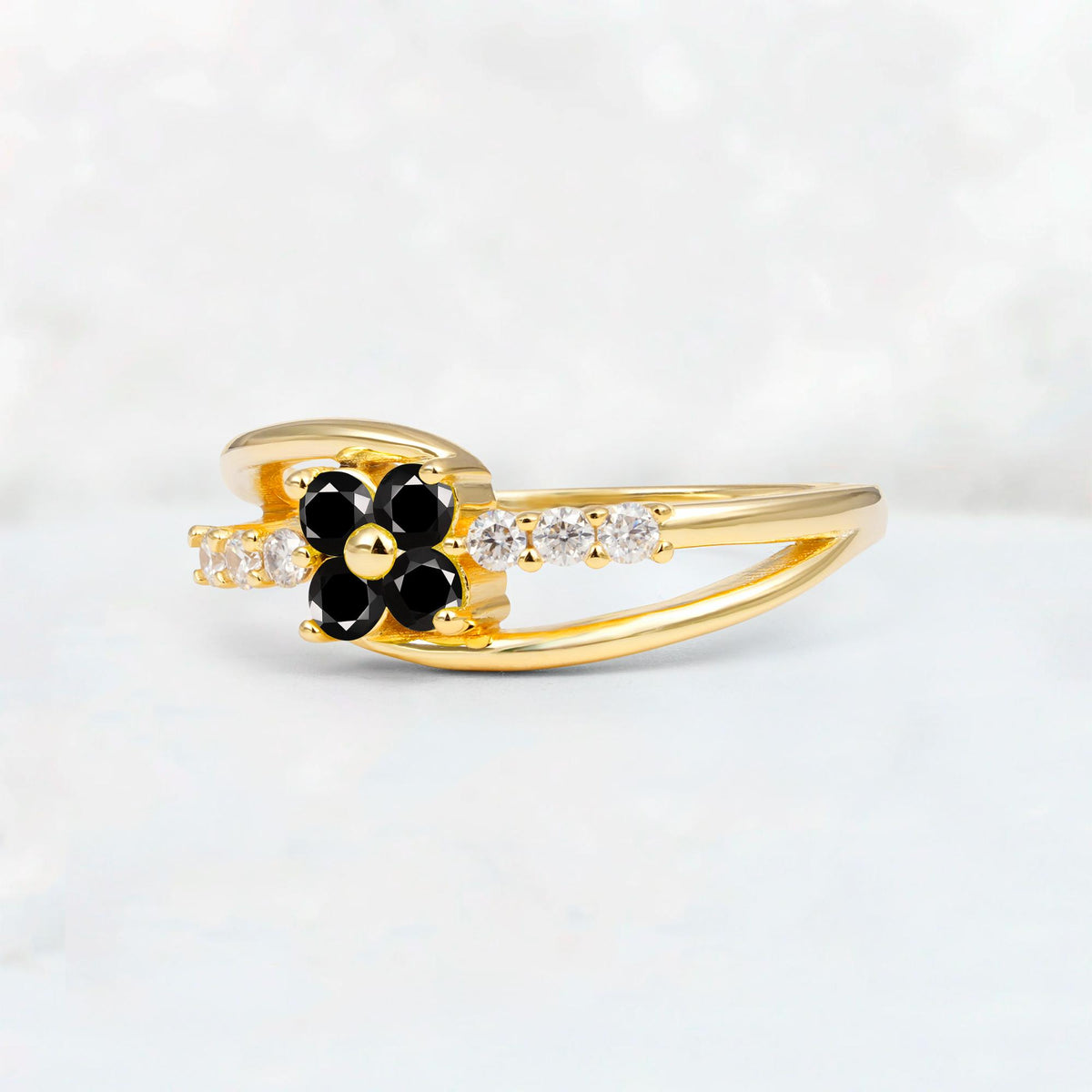 Black Onyx Floral Cluster Round Cut Engagement Ring with Accent Stones - Additional view