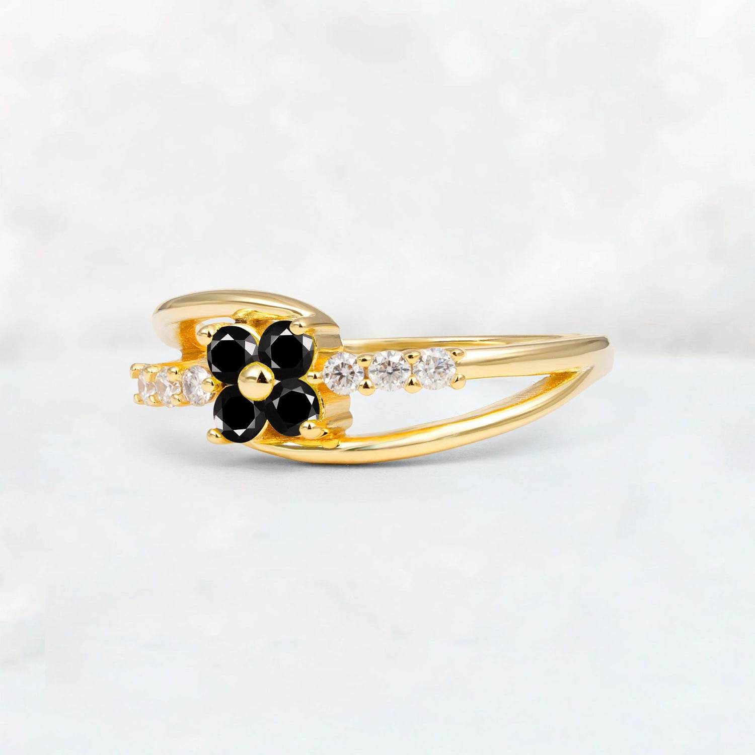 Black Onyx Floral Cluster Round Cut Engagement Ring with Accent Stones - Additional view