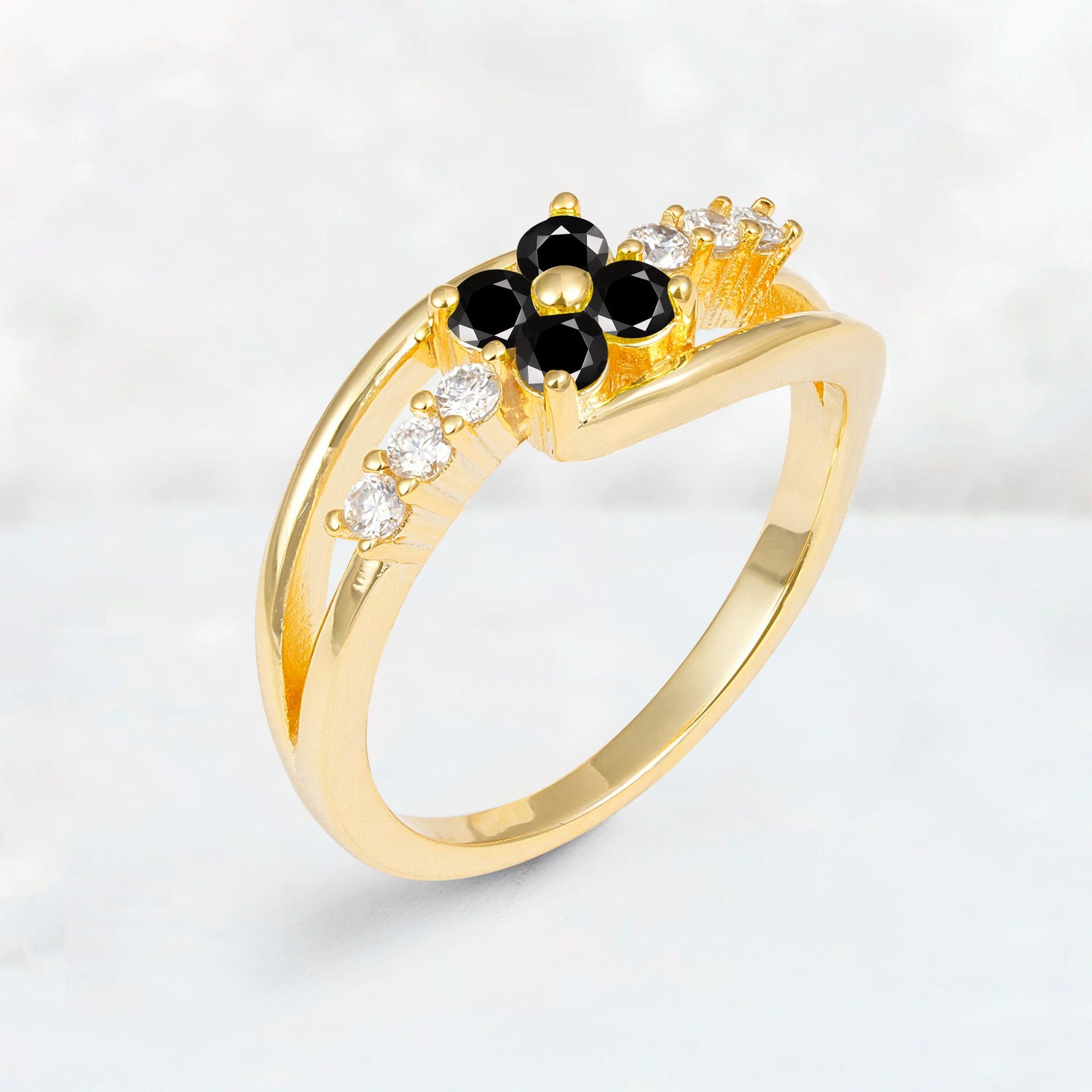 Black Onyx Floral Cluster Round Cut Engagement Ring with Accent Stones - Additional view