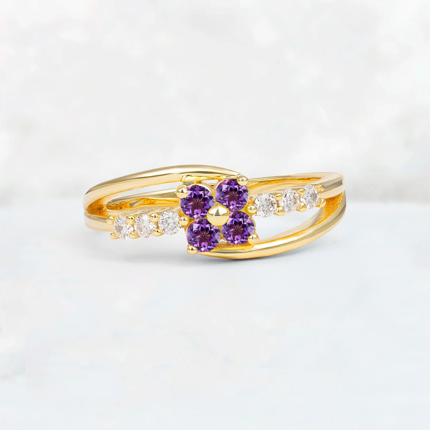 Amethyst Floral Cluster Round Cut Engagement Ring with Accent Stones - Additional view