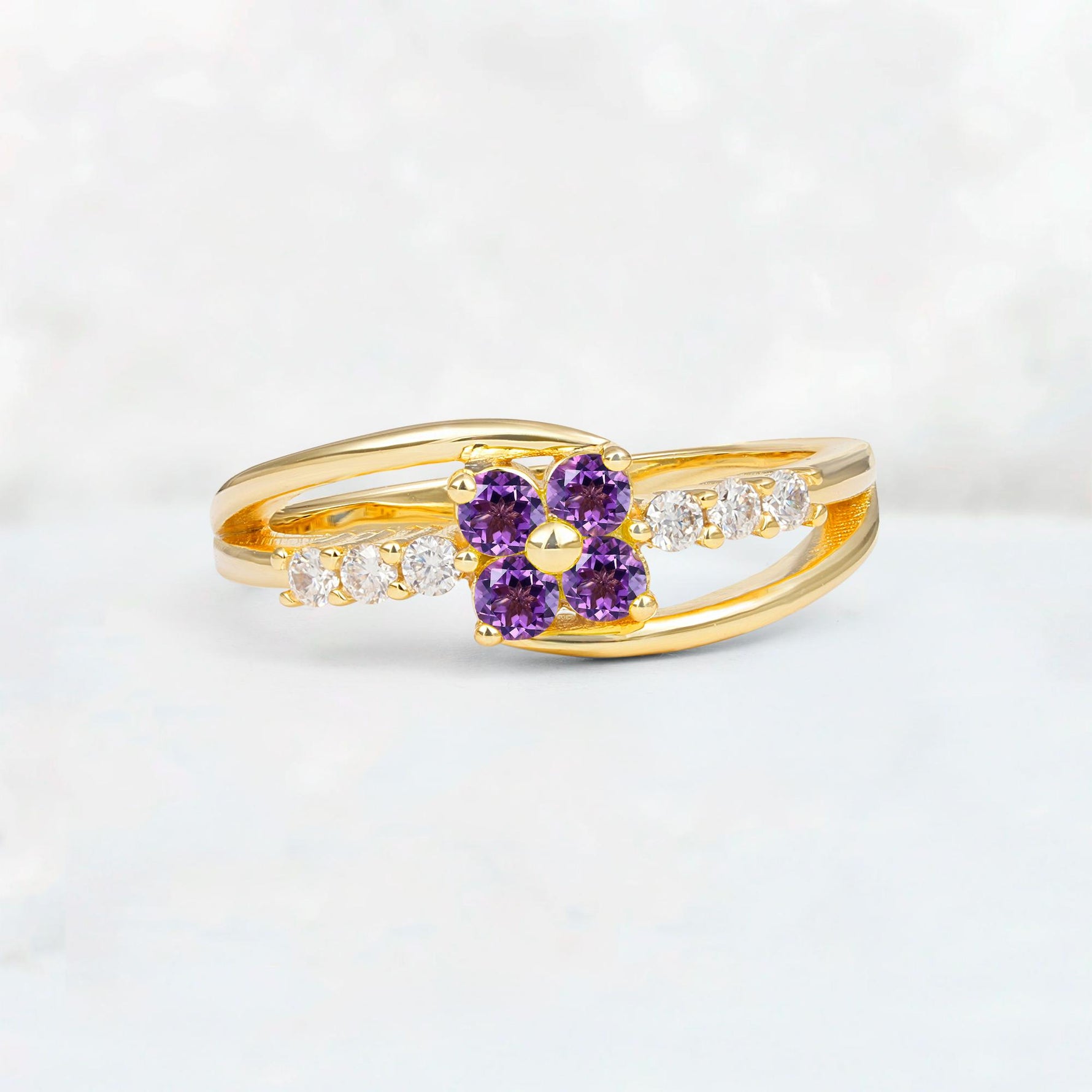 Amethyst Floral Cluster Round Cut Engagement Ring with Accent Stones - Additional view