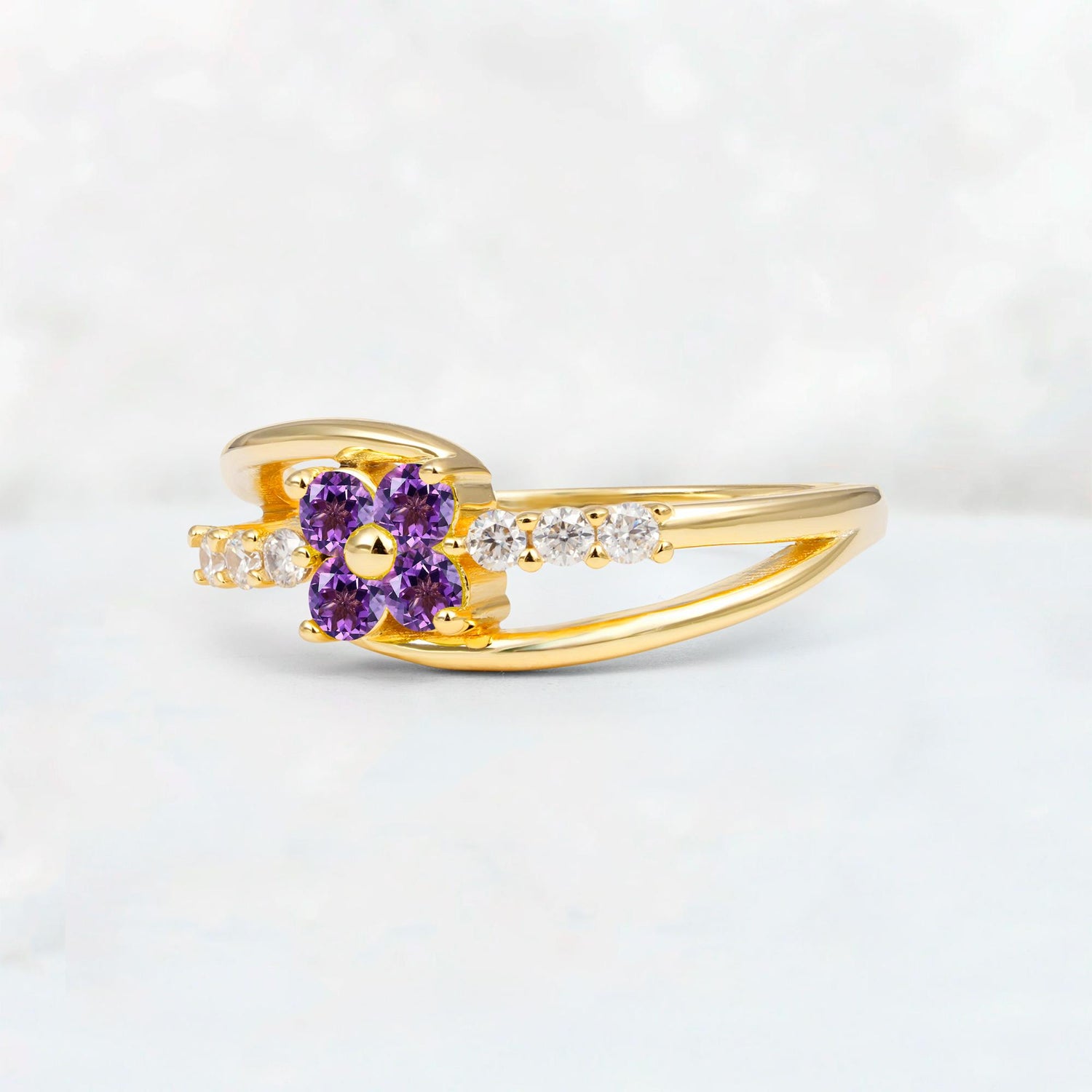 Amethyst Floral Cluster Round Cut Engagement Ring with Accent Stones - Additional view