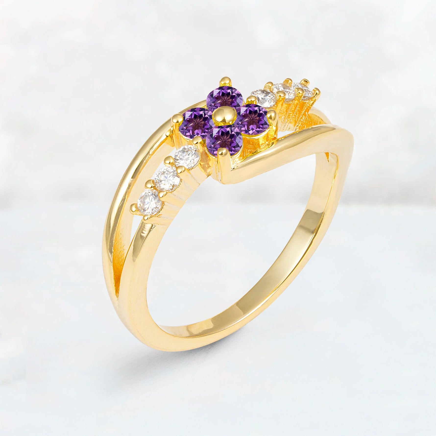Amethyst Floral Cluster Round Cut Engagement Ring with Accent Stones - Additional view