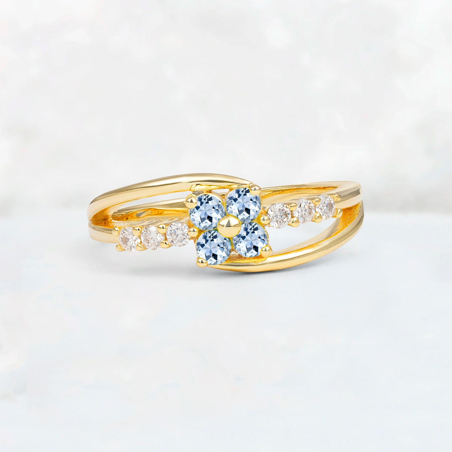 Aquamarine Floral Cluster Round Cut Engagement Ring with Accent Stones - Additional view