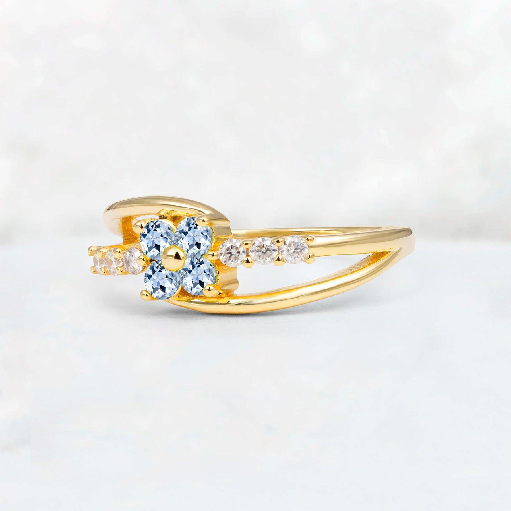 Aquamarine Floral Cluster Round Cut Engagement Ring with Accent Stones - Additional view