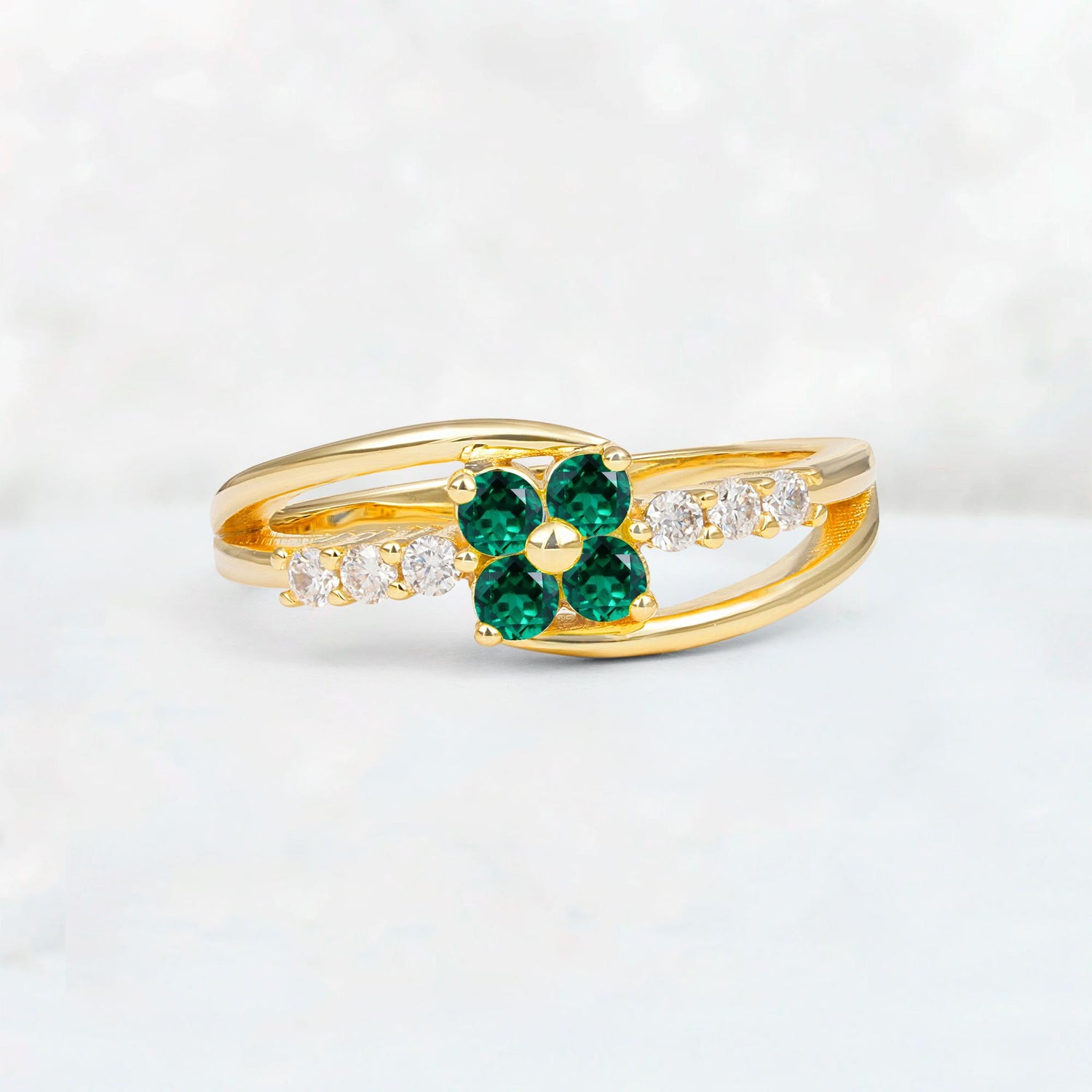 Emerald Floral Cluster Round Cut Engagement Ring with Accent Stones - Additional view