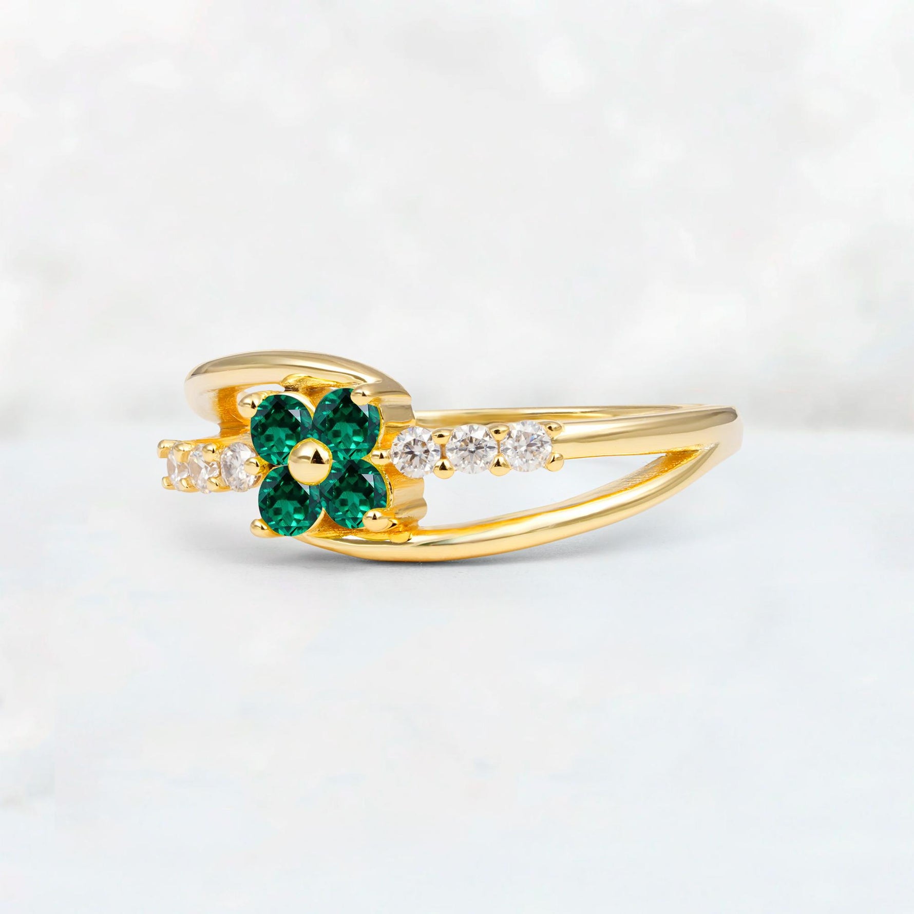 Emerald Floral Cluster Round Cut Engagement Ring with Accent Stones - Additional view
