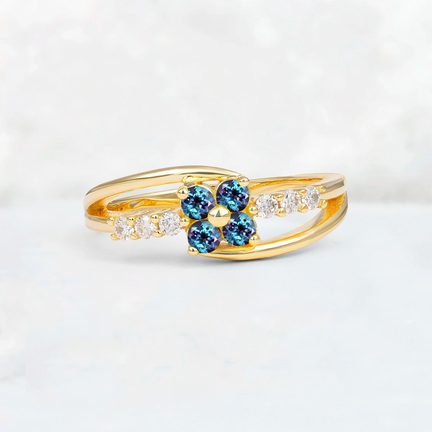 Alexandrite Floral Cluster Round Cut Engagement Ring with Accent Stones - Additional view