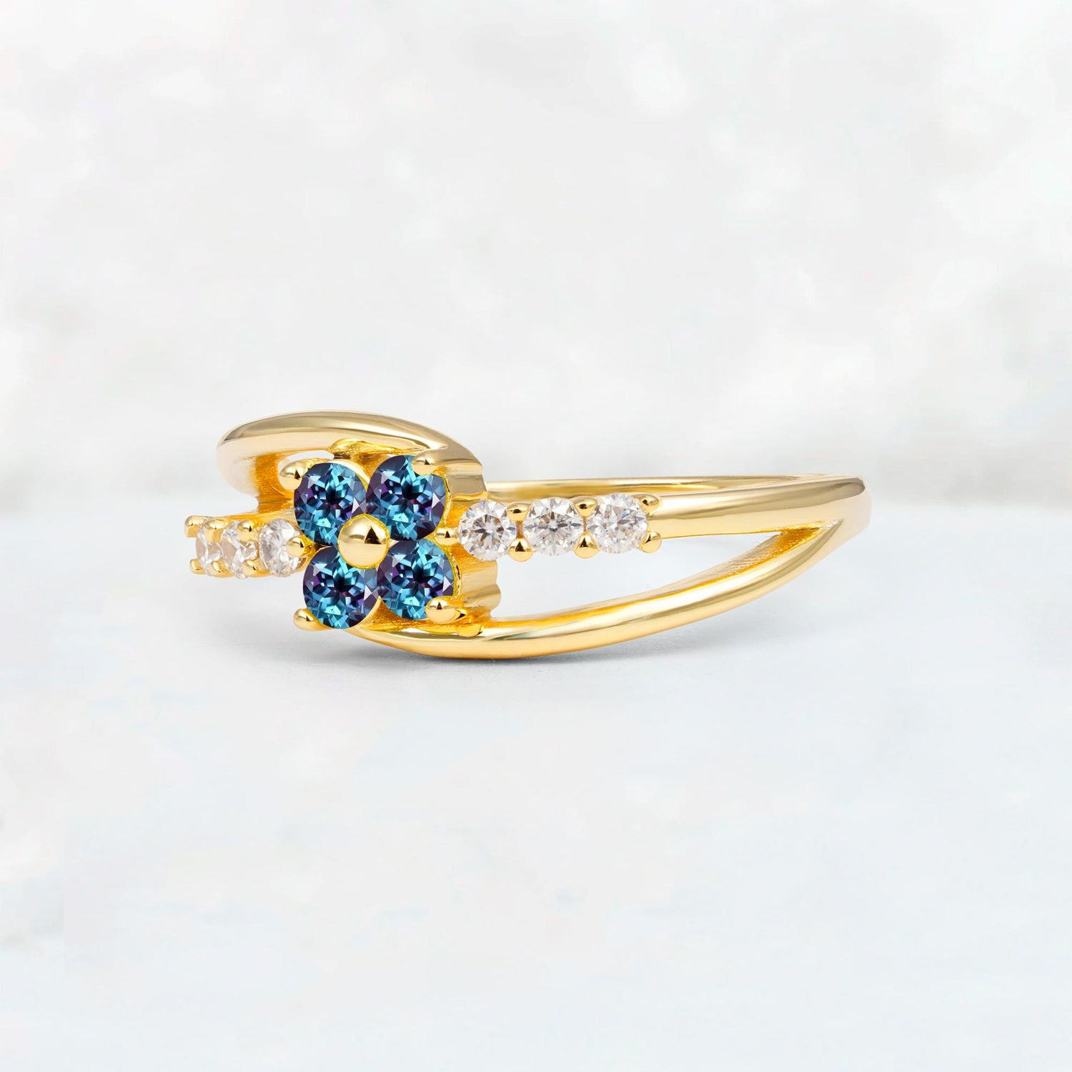 Alexandrite Floral Cluster Round Cut Engagement Ring with Accent Stones - Additional view