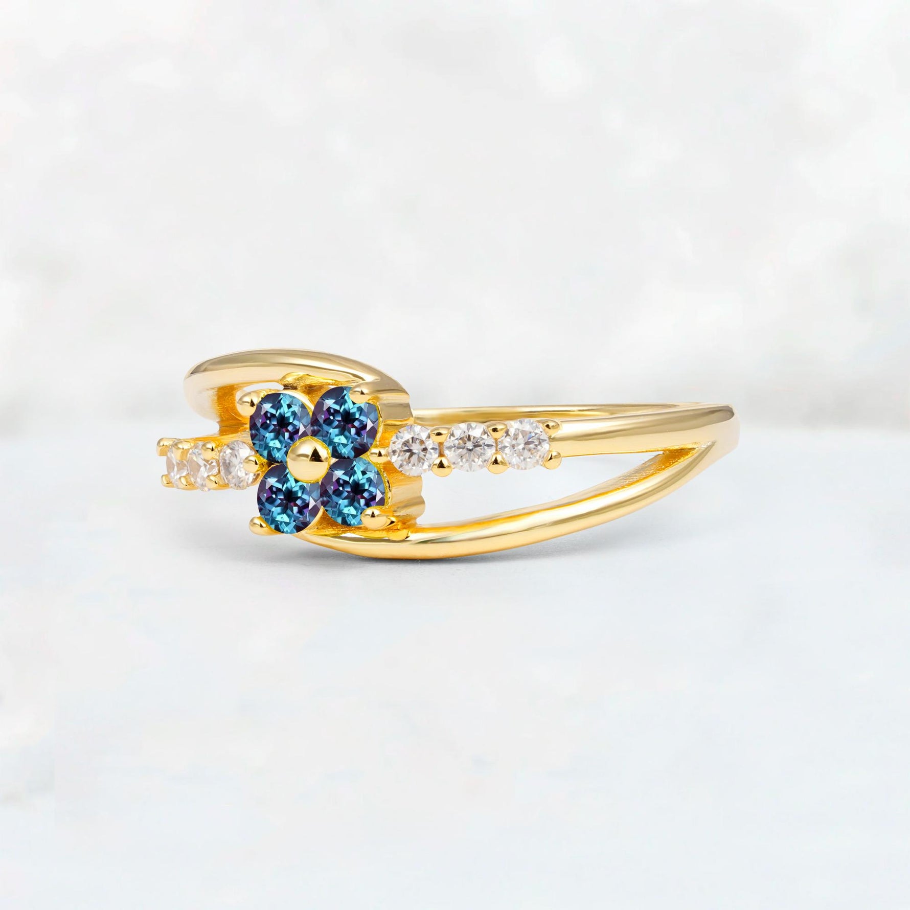 Alexandrite Floral Cluster Round Cut Engagement Ring with Accent Stones - Additional view