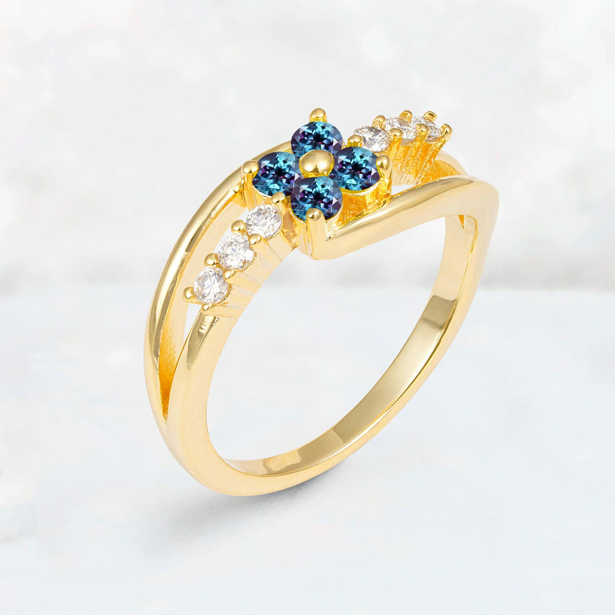Alexandrite Floral Cluster Round Cut Engagement Ring with Accent Stones - Additional view