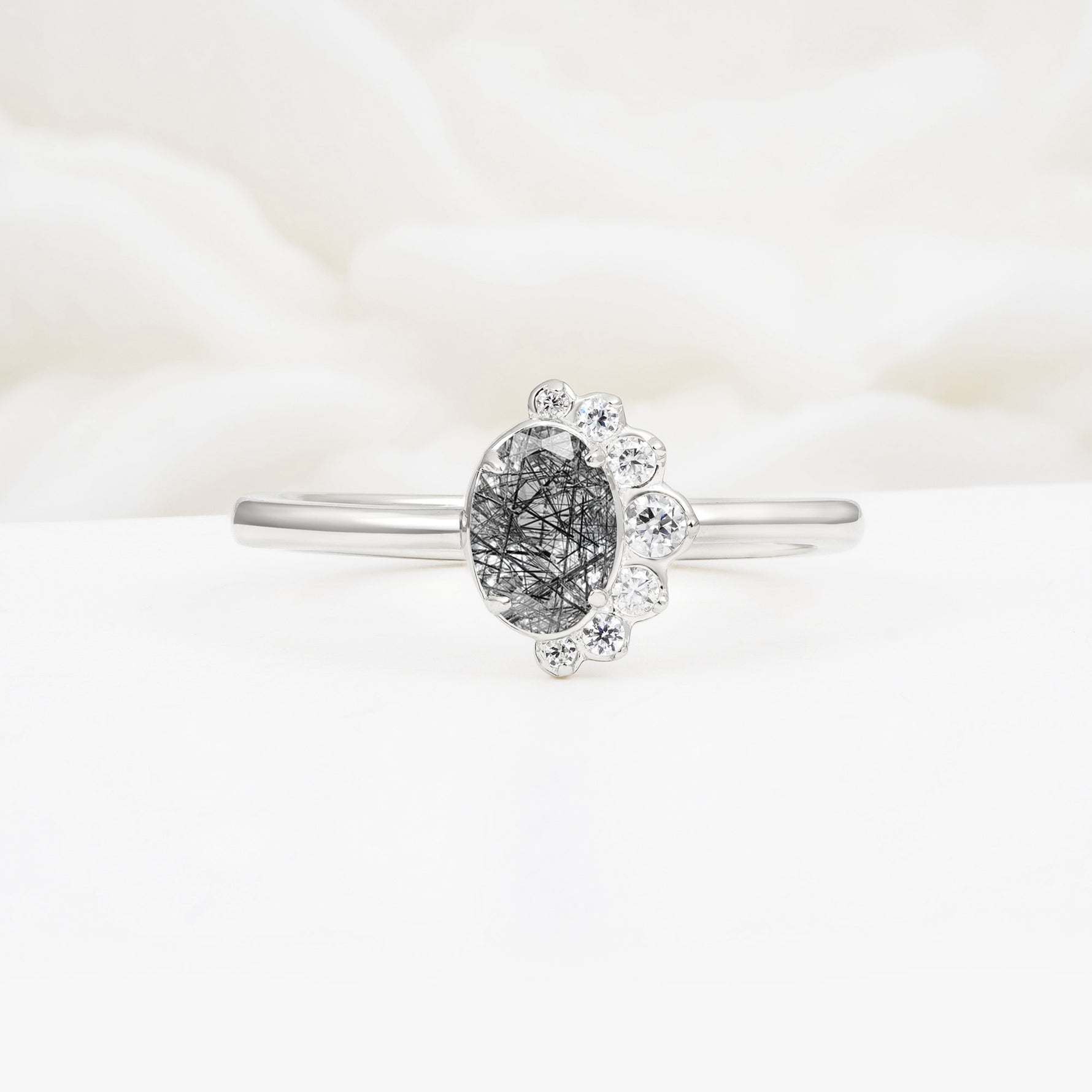 Timeless Oval Cut Cluster Black Rutilated Quartz Engagement Ring - Additional view