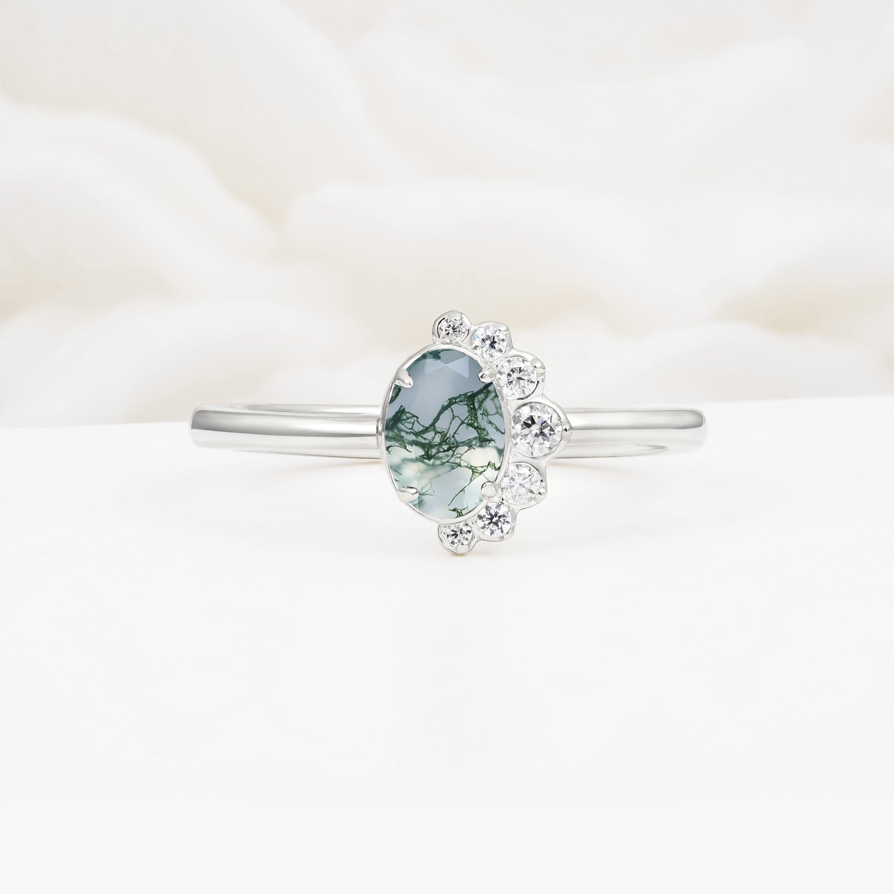 Timeless Oval Cut Cluster Moss Agate Engagement Ring - Additional view