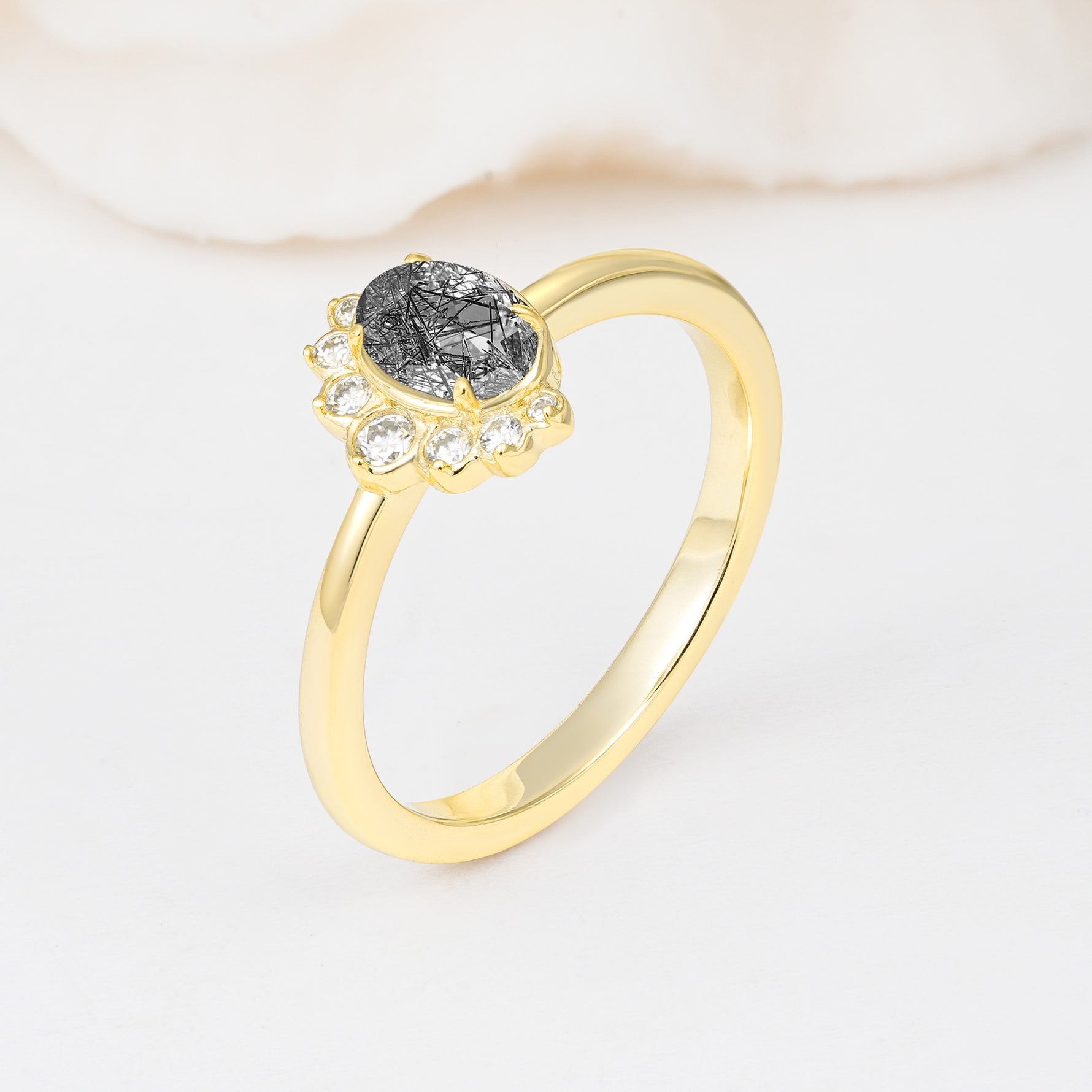 Timeless Oval Cut Cluster Black Rutilated Quartz Engagement Ring - Additional view