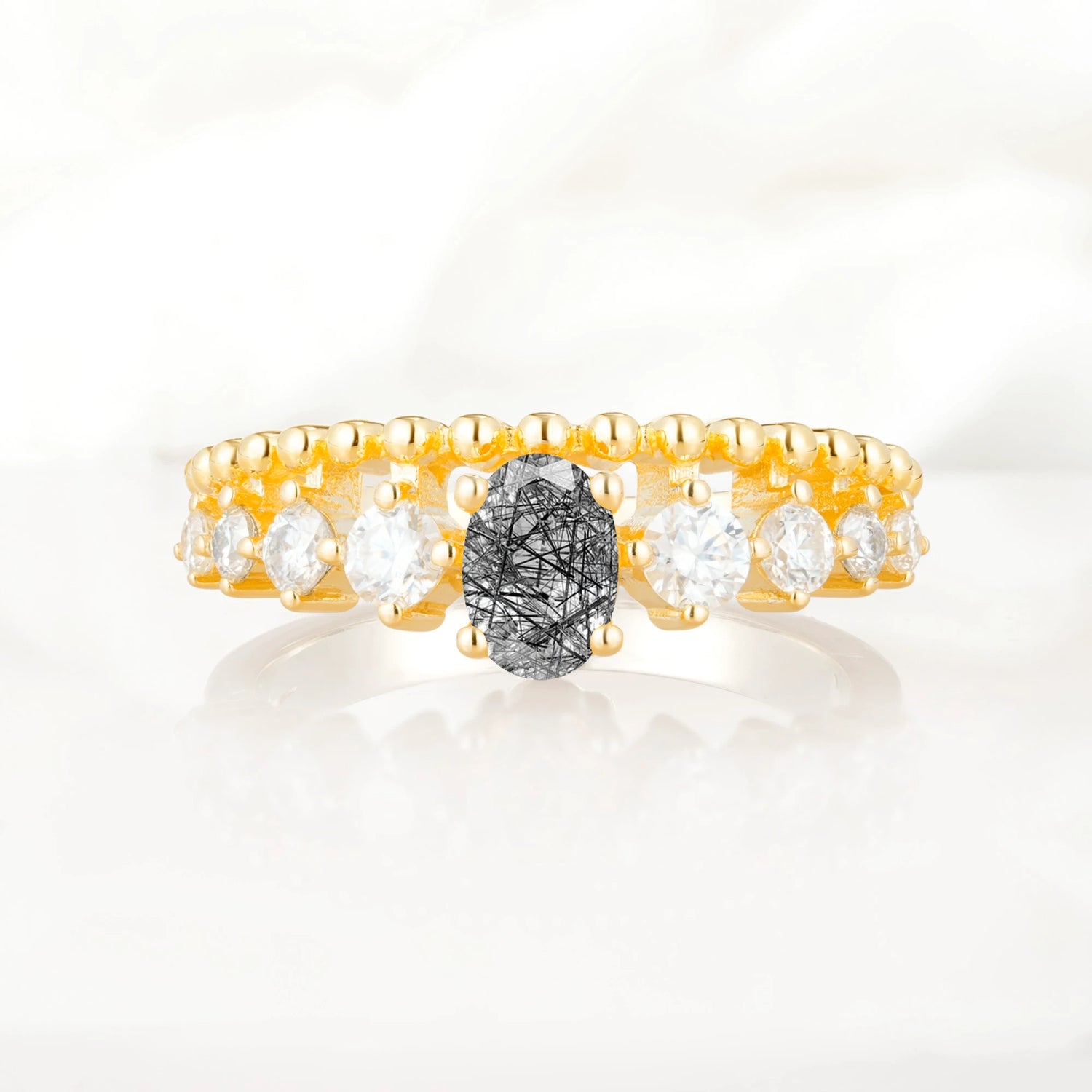 Vintage Inspired Oval Cut Black Rutilated Quartz Engagement Ring