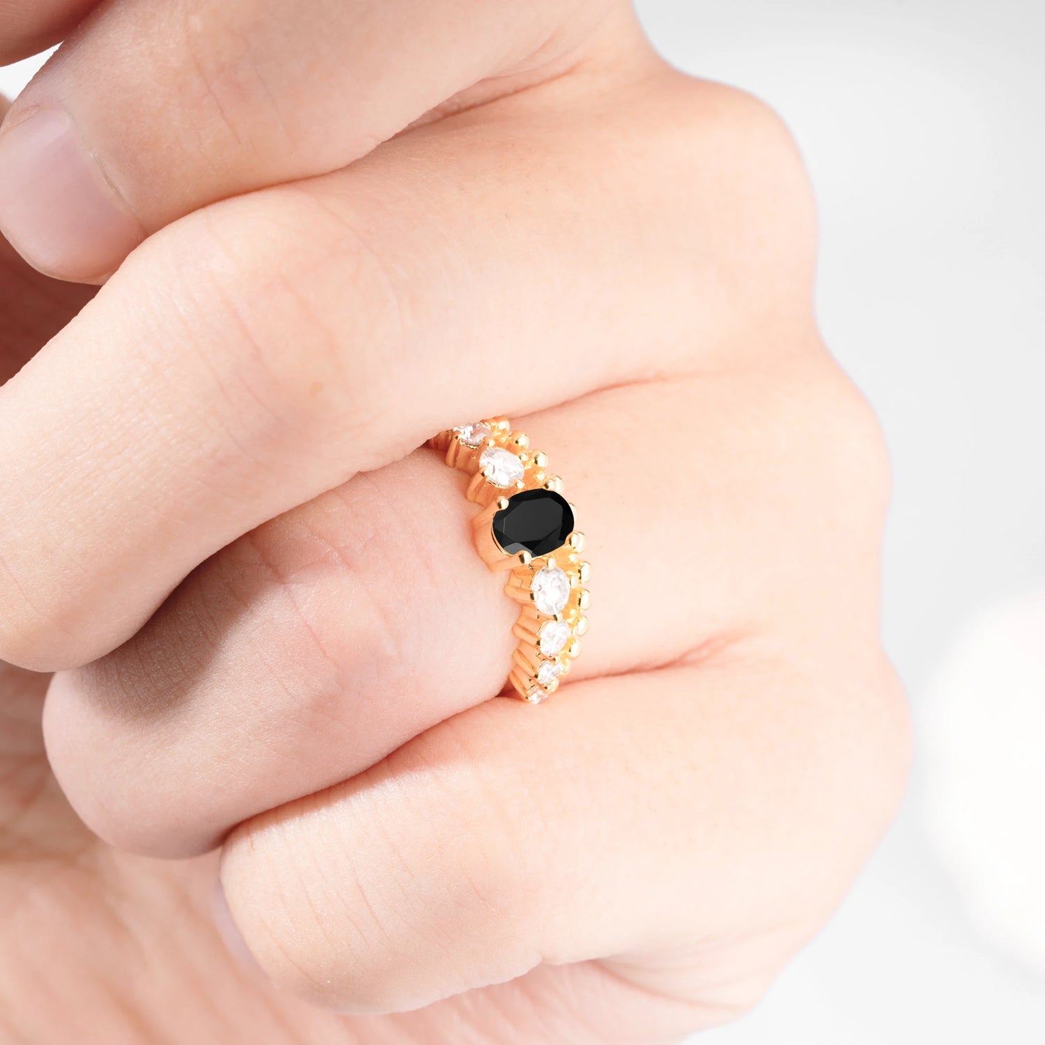 Vintage Inspired Oval Cut Black Onyx Engagement Ring
