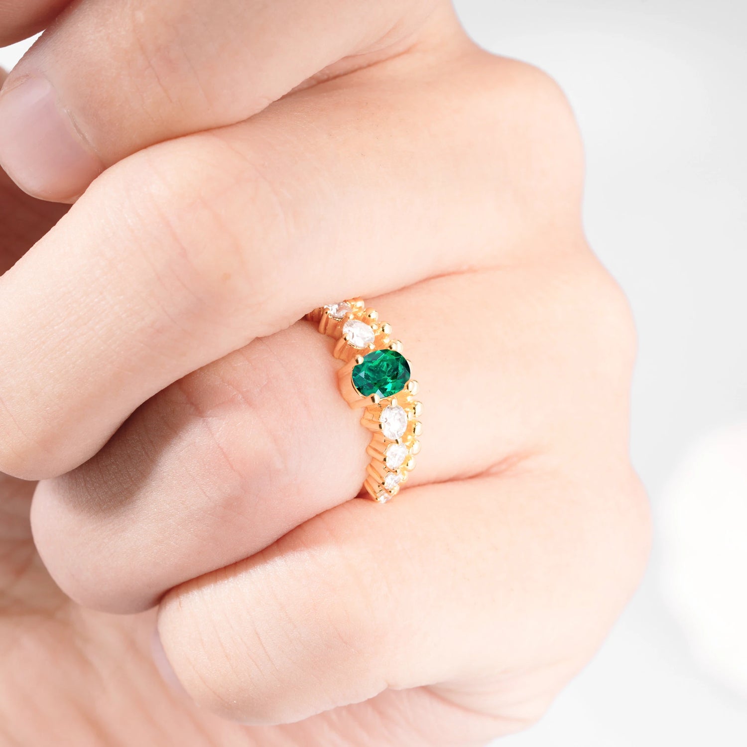 Vintage Inspired Oval Cut Emerald Engagement Ring