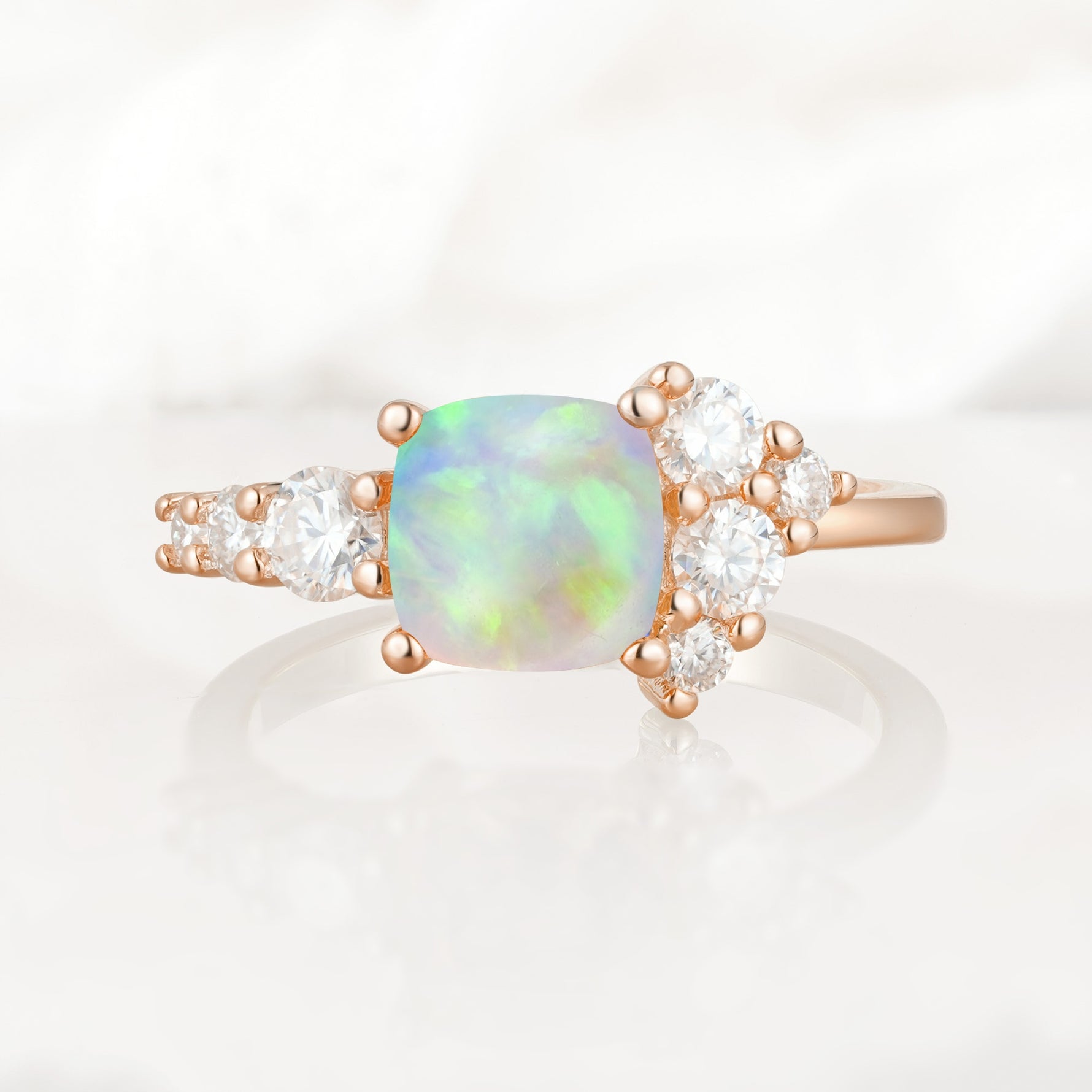 Classic Cushion Cut Side Cluster Fire Opal Engagement Ring - Additional view